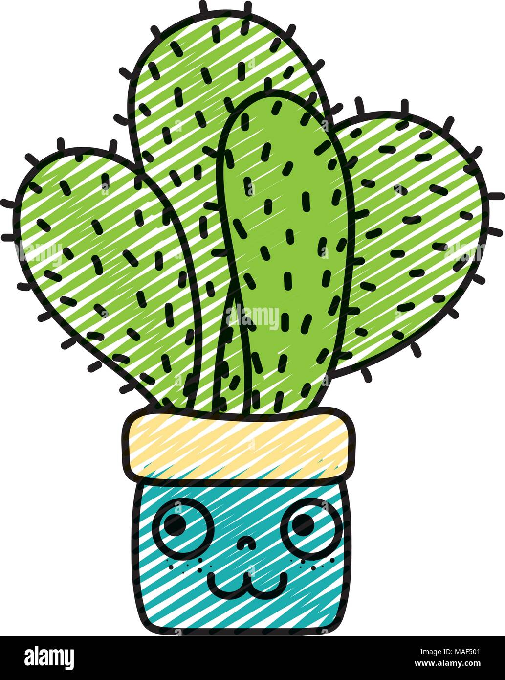 doodle kawaii happy cactus plant inside flowerpot vector illustration ...