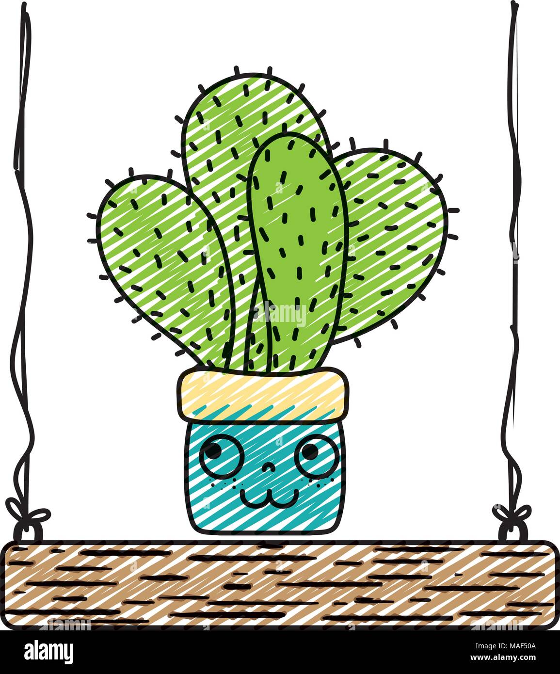 doodle kawaii happy cactus plant in the swings vector illustration ...
