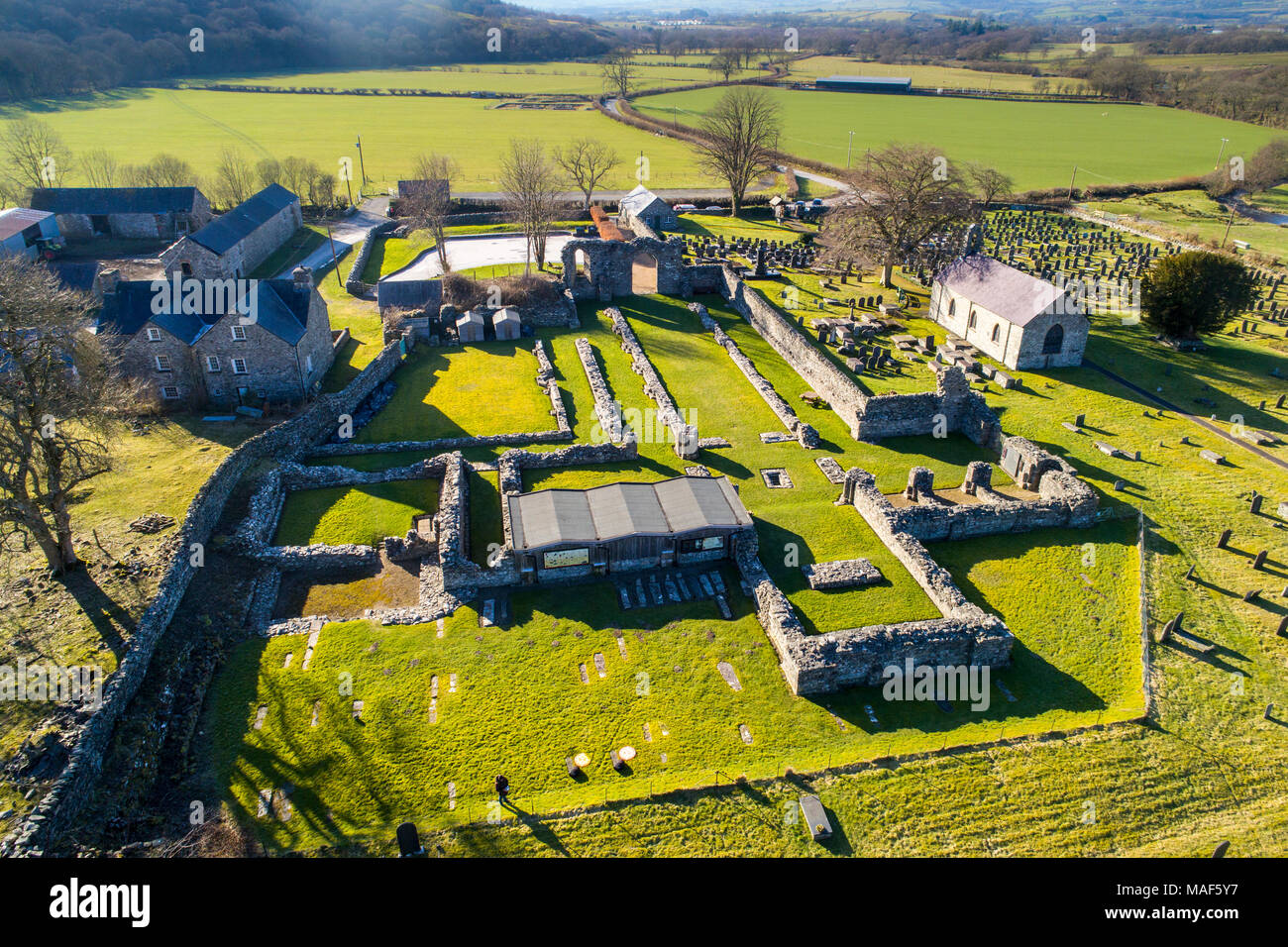 The cruciform shaped outline of the Strata Florida  (Ystrad Fflur) ruined Cistercian Abbey, near Pontrhydfendigaid, Ceredigion Wales UK Stock Photo