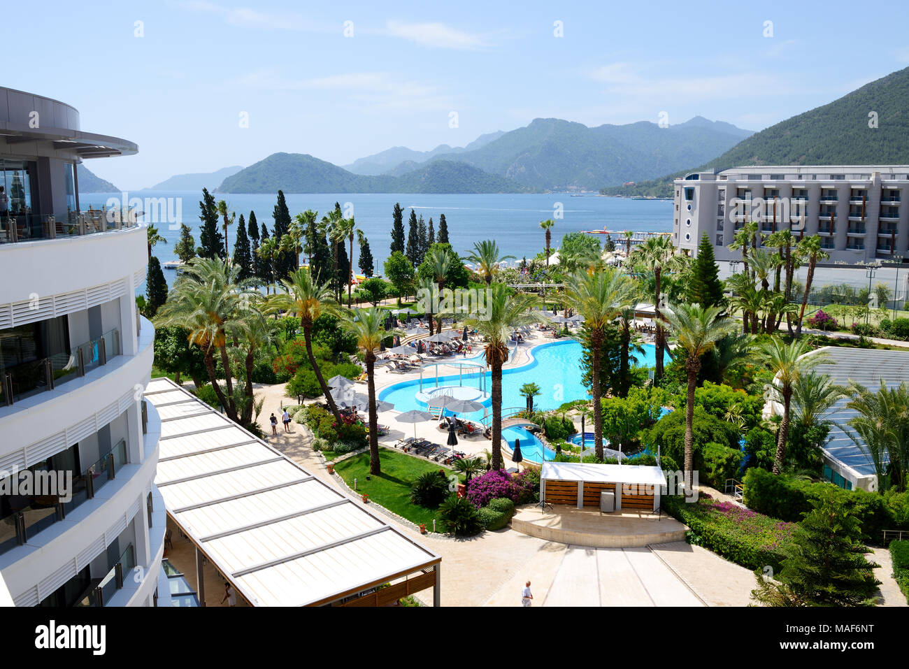 MARMARIS, TURKEY - MAY 20: The tourists enjoing their vacation in luxury hotel on May 20, 2013 in Marmaris, Turkey. More then 36 mln tourists have vis Stock Photo