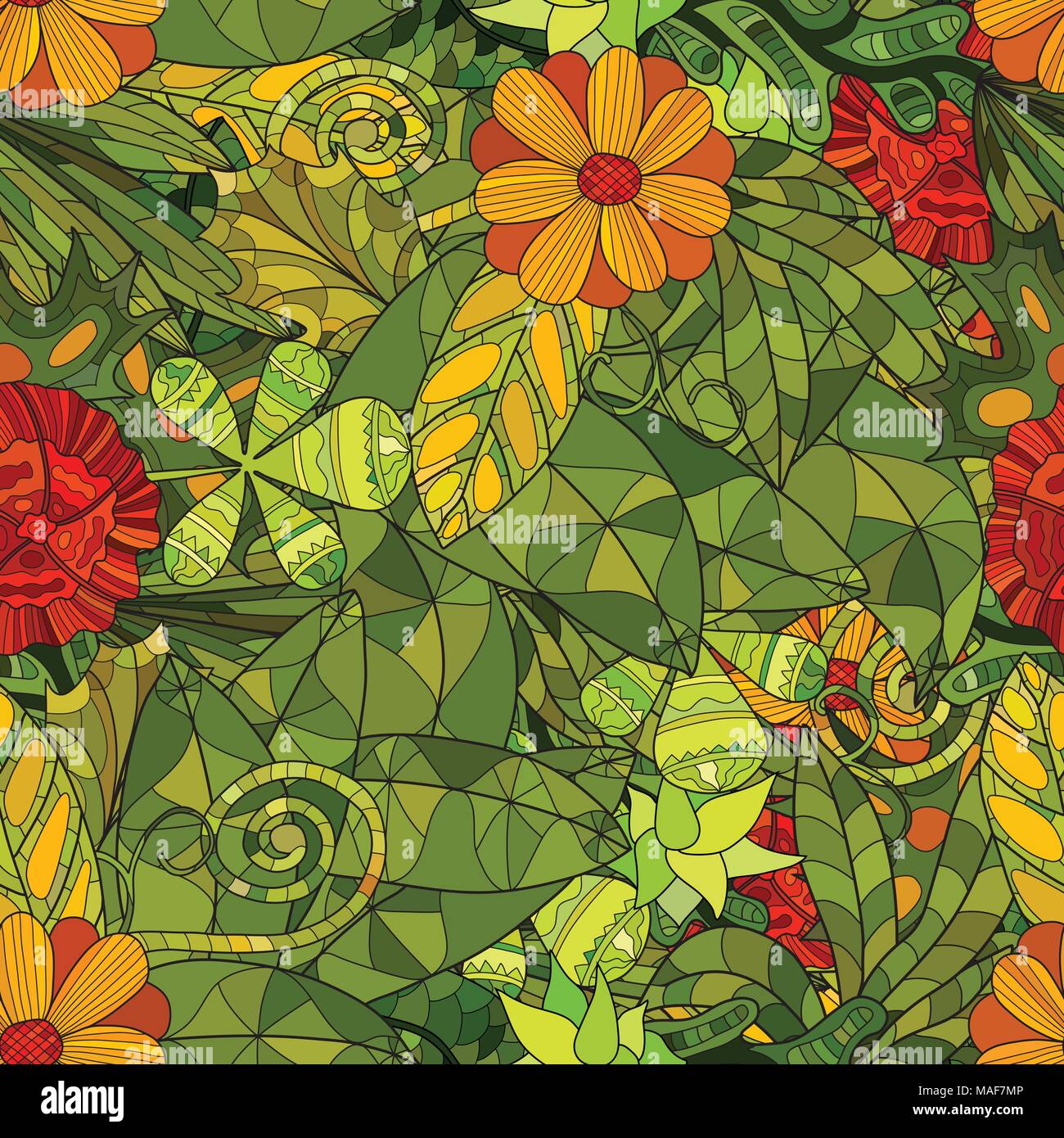 hand drawn vector floral seamless pattern with flowers and leaves Stock ...