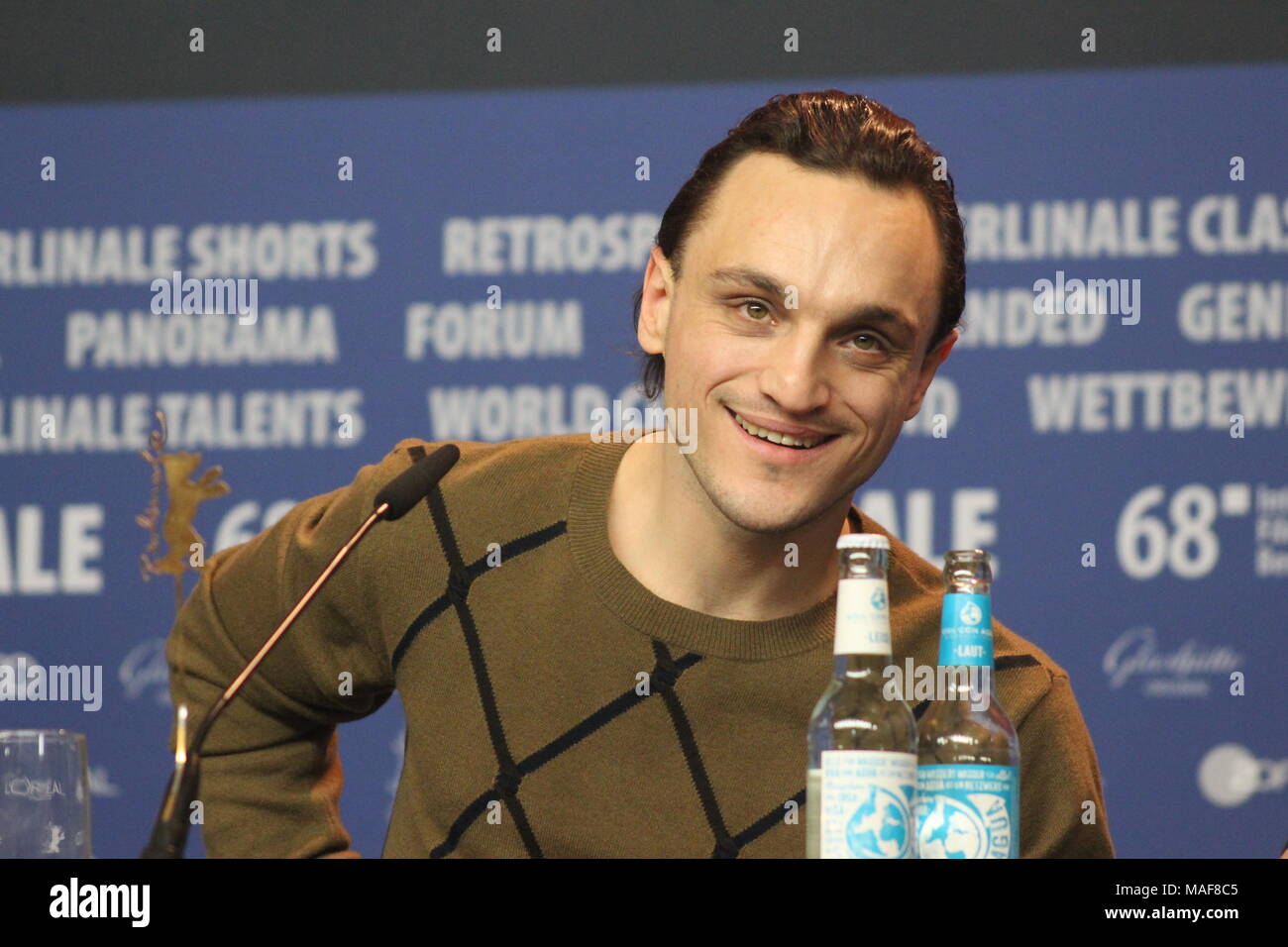 Press conference at the Grand Hyatt Hotel in Berlin/Germany for “Transit“ by 68th BERLINALE with german star Franz Rogowski Stock Photo