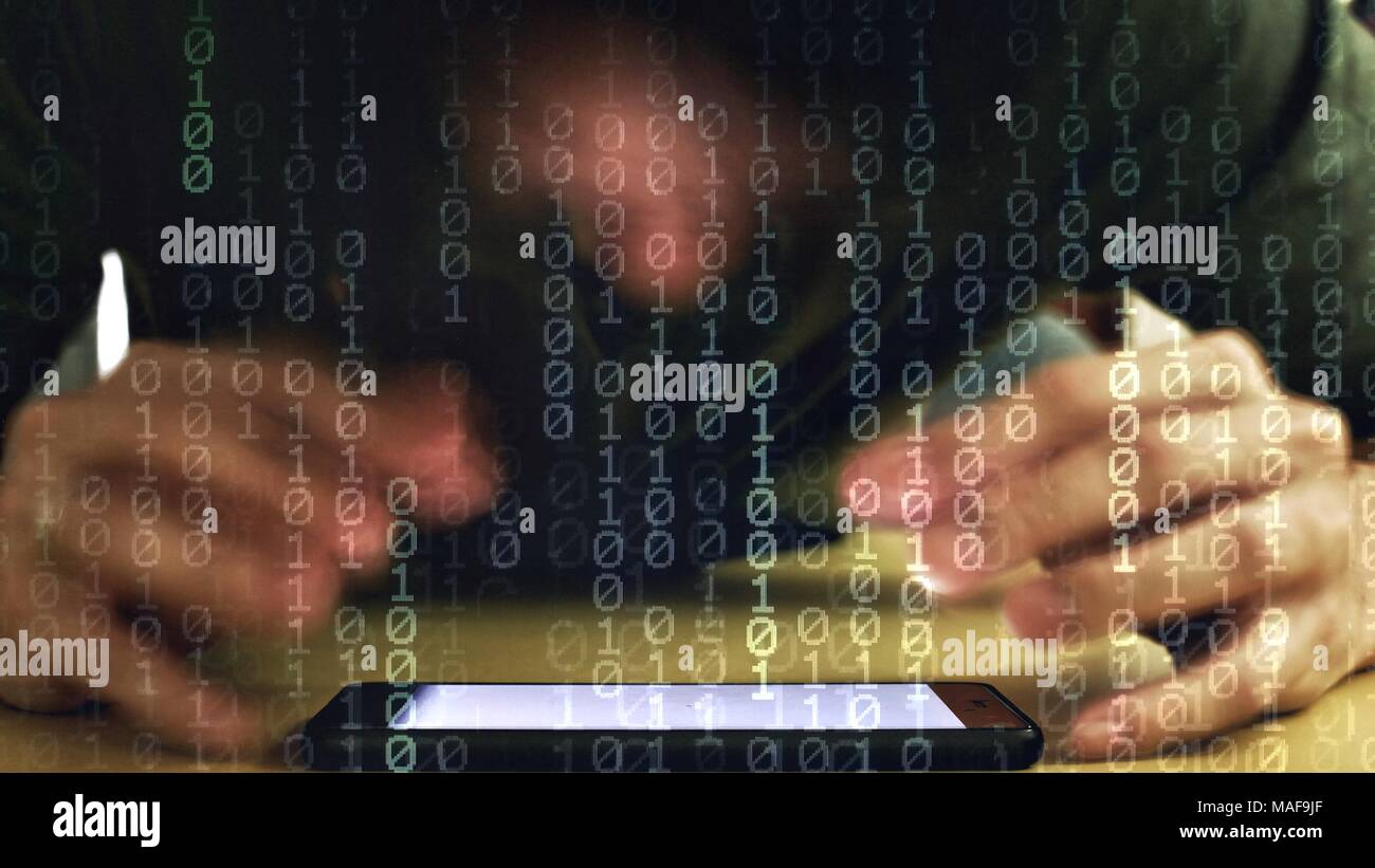 double exposure image of man using smartphone and binary code text data streaming. Stock Photo