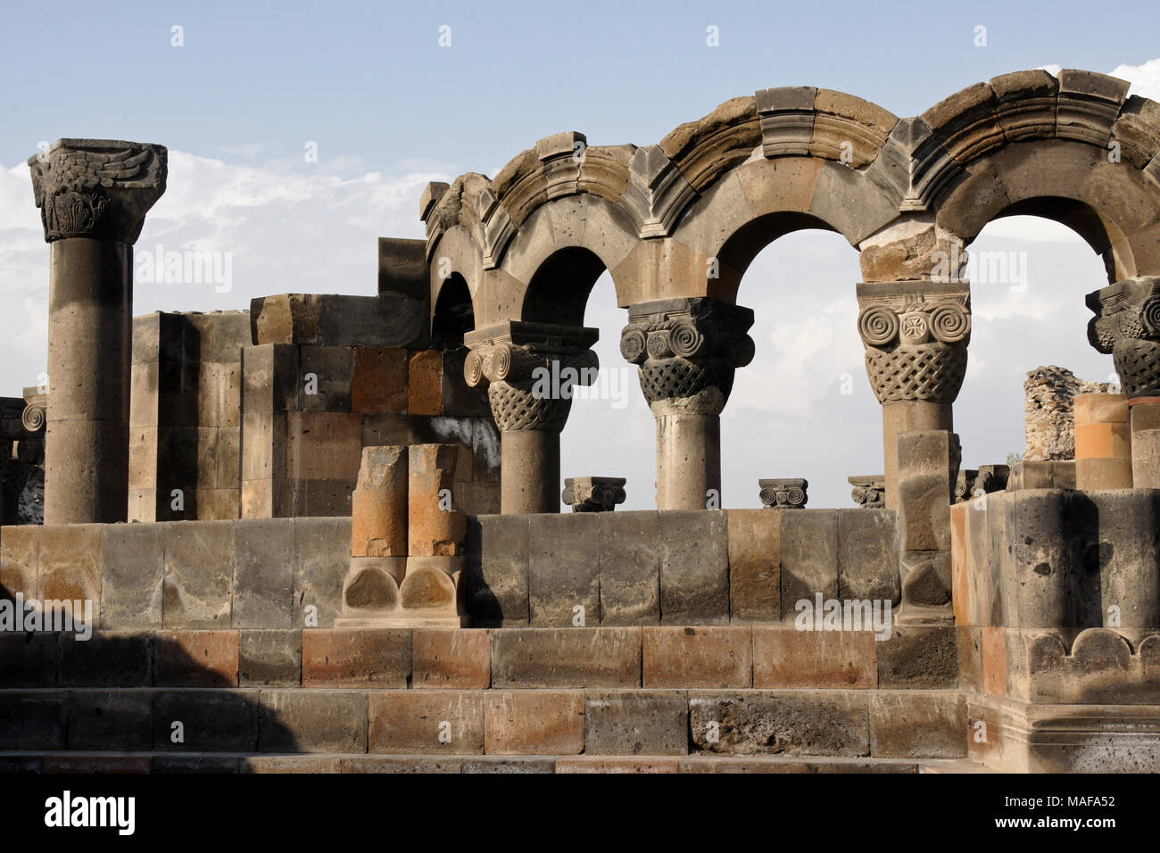 Ruins of the 7th-century Zvartnots Cathedral (Church of Surp Grigor Lusavorich, or St. Gregory the Illuminator) in the village of Ptghunk, between Yer Stock Photo