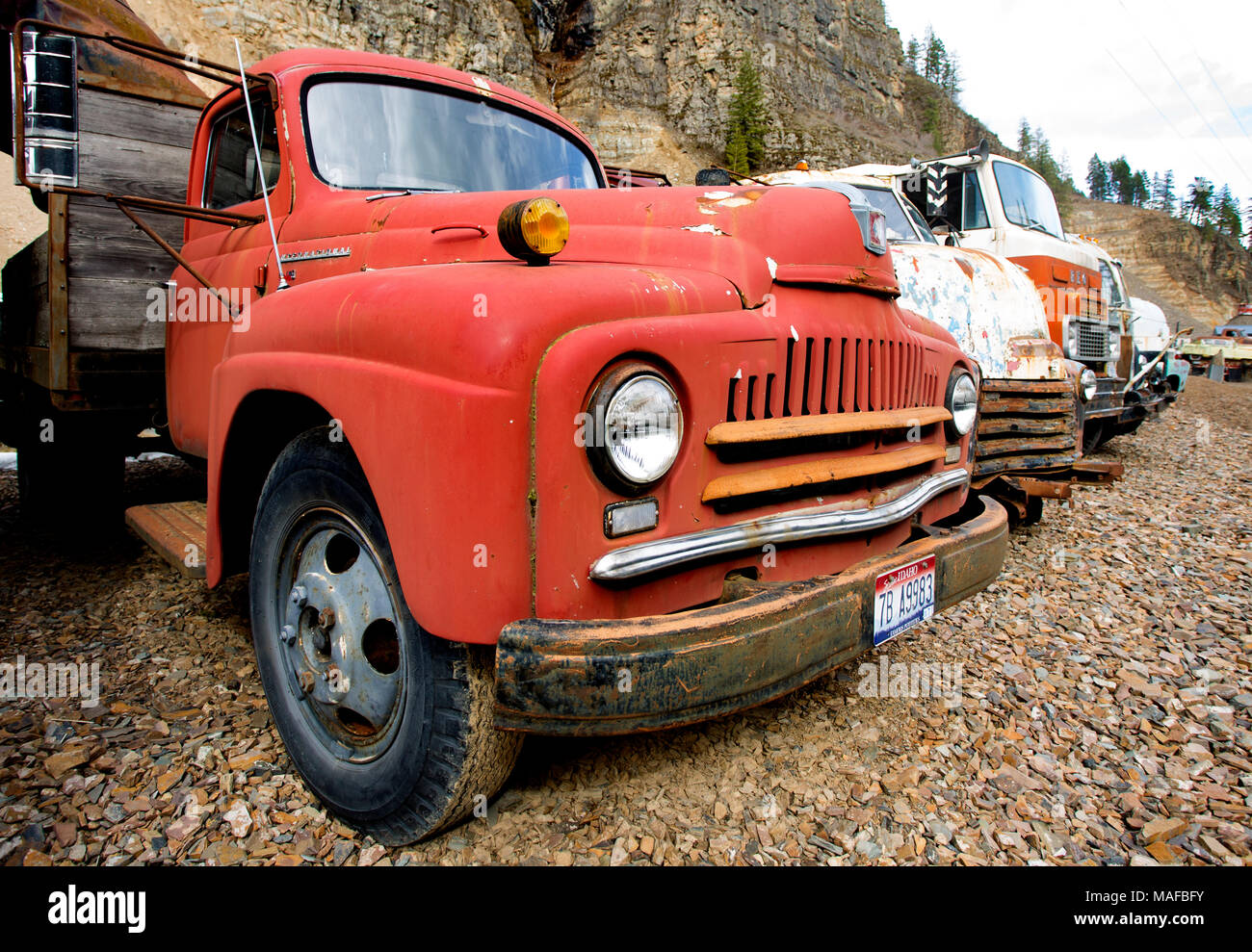 A 1952 International L-150 flatbed, stake body truck, amongst a row of old trucks, in an old stone quarry, east of Clark Fork, Idaho. Stock Photo
