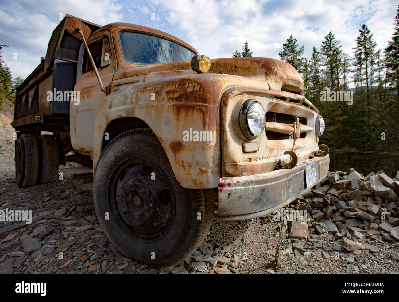 A 1954 International R-180 Series dump truck, in an old quarry, east of Clark Fork Idaho. Stock Photo
