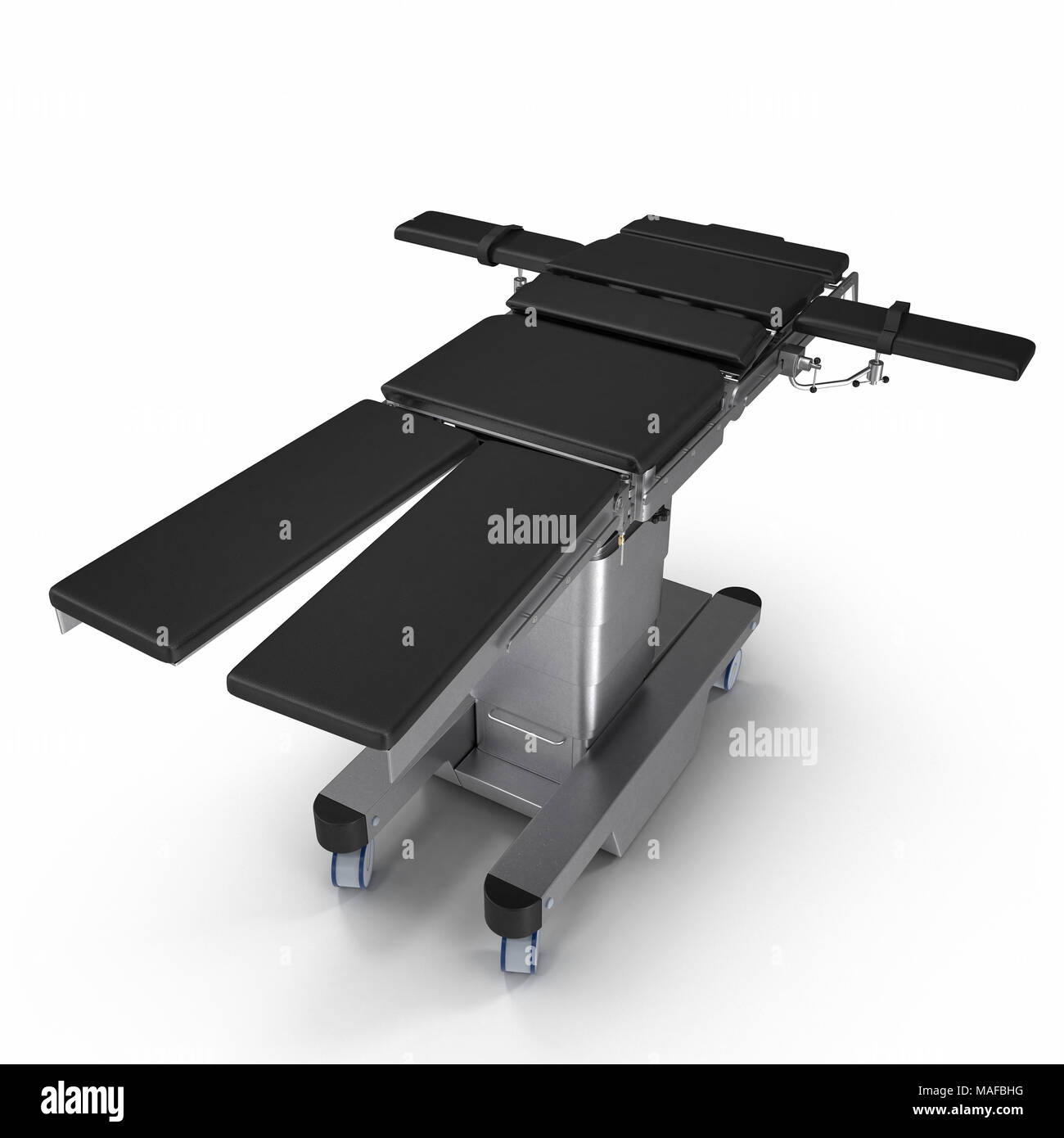 Modern adjustable stainless surgery bed on a white. 3D illustration