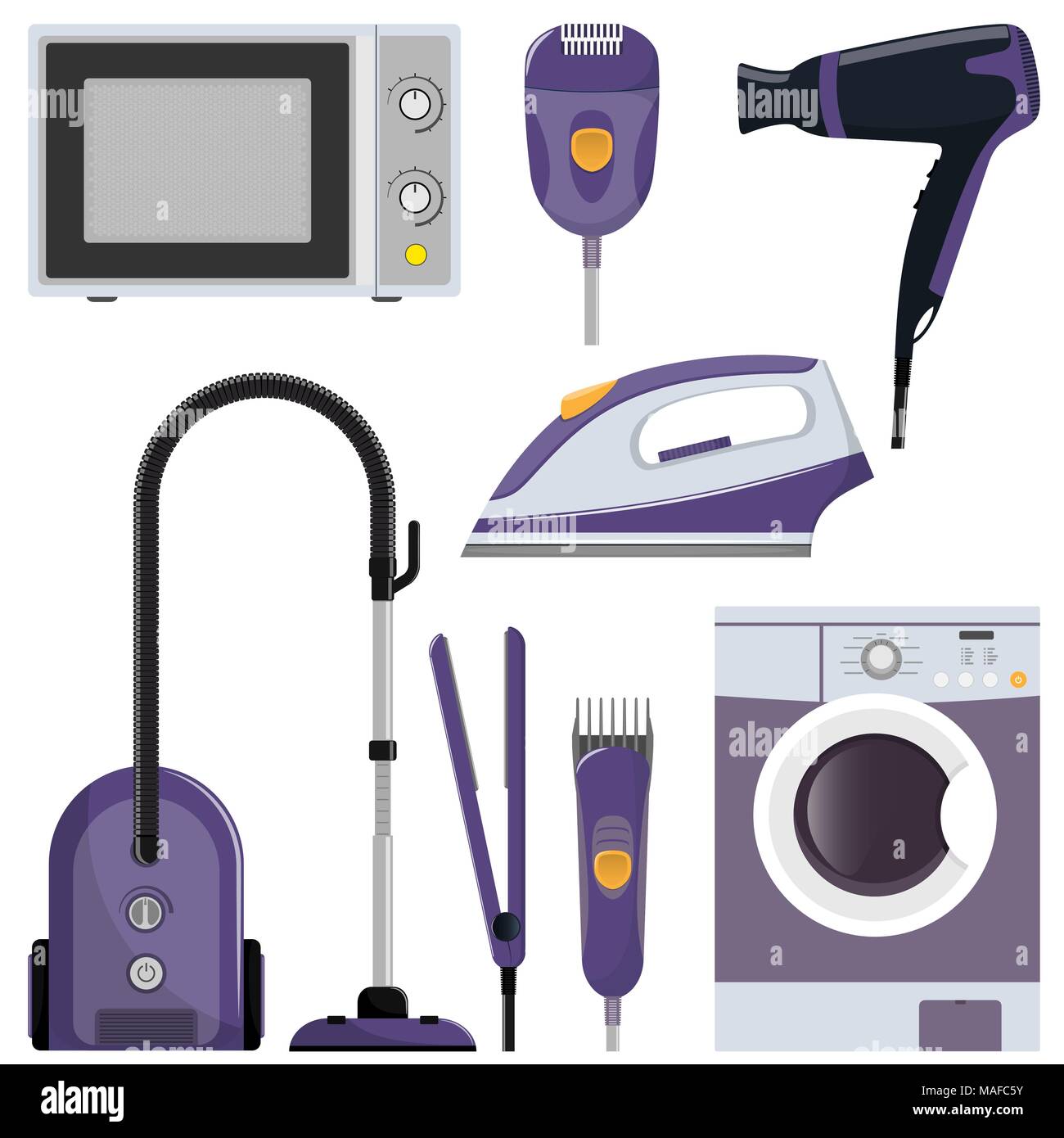 Modern household appliances, set. Washing machine, vacuum cleaner, iron, microwave, hairdryer, epilator, styler, hair clipper Vector illustration isol Stock Vector
