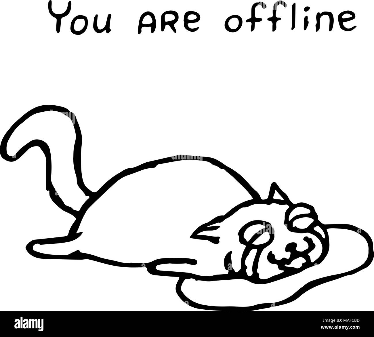 The upset cat Tik lies in tears. You are offline. Vector illustration. Cute pet character. Play with me. Stock Vector