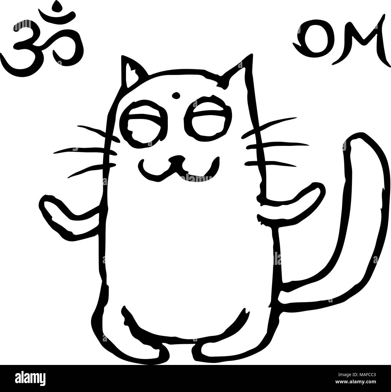 Funny cat Tik meditates in the lotus position. Vector illustration. Om sign and symbol. Cute pet character. Stock Vector