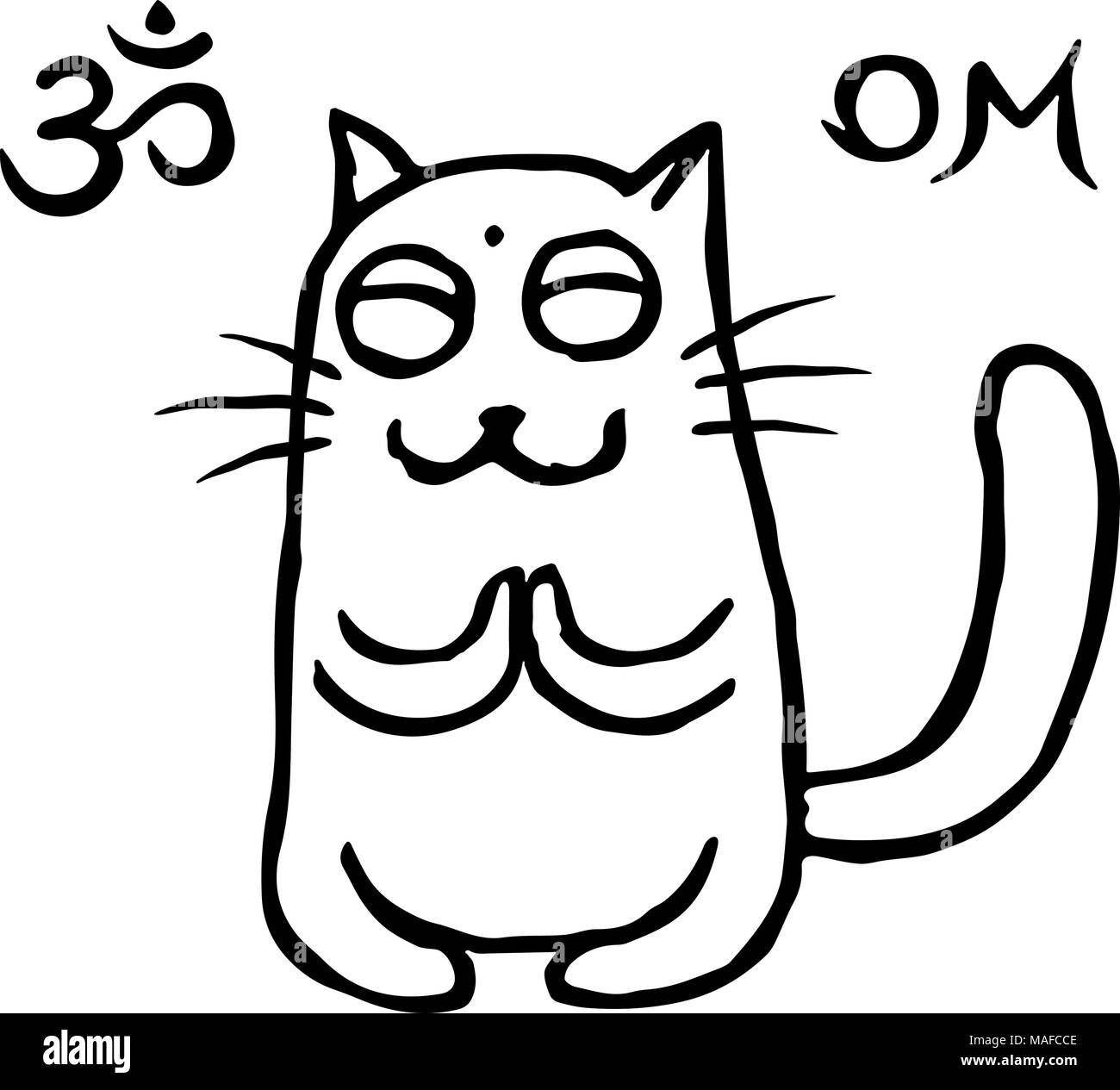 Funny cat Tik buddhist in harmonous. Vector illustration. Om sign and symbol. Cute pet character. Stock Vector