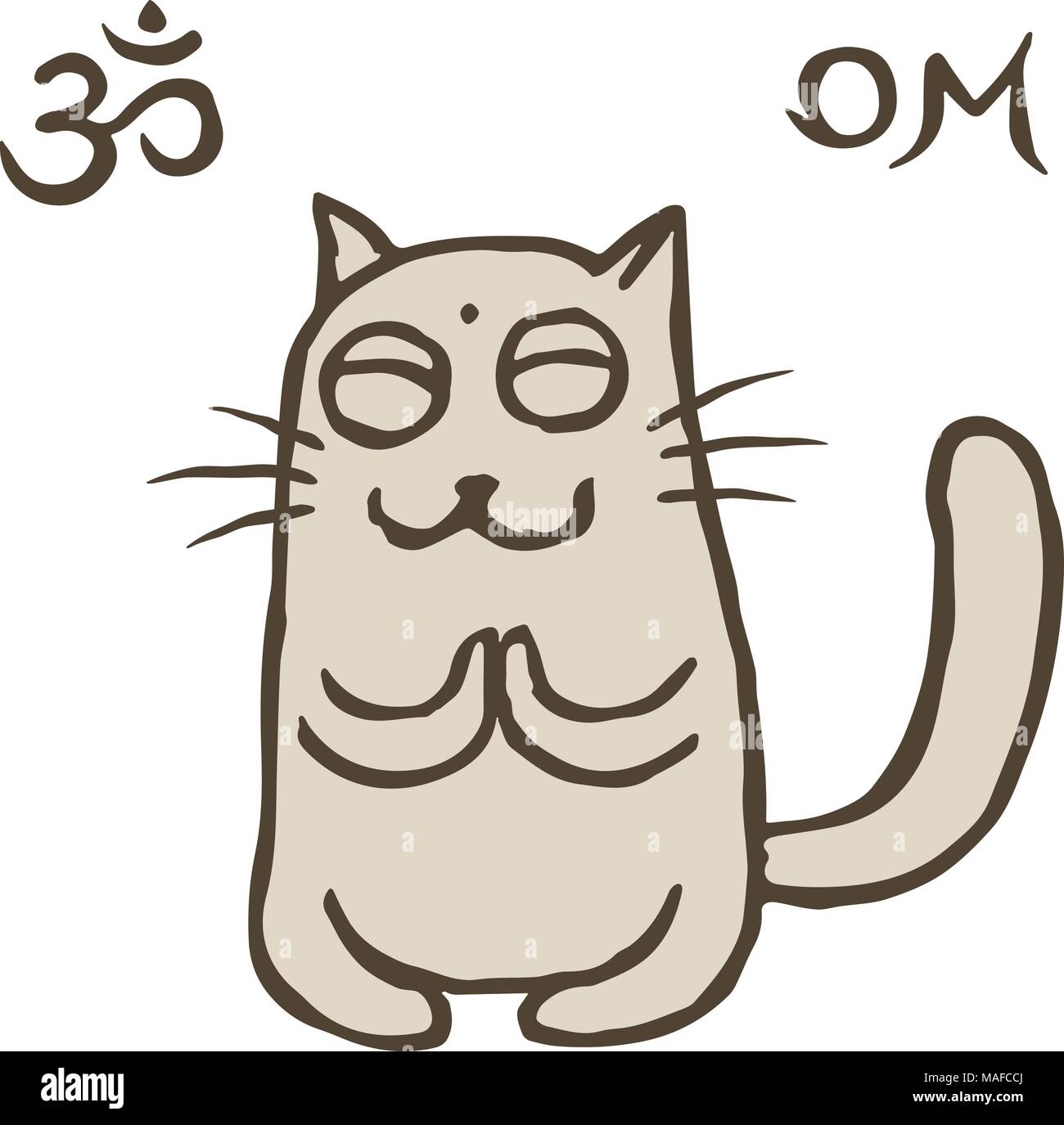 Cartoon cat Tik reached enlightenment. Om sign and symbol. Vector illustration. Cute pet character. Stock Vector