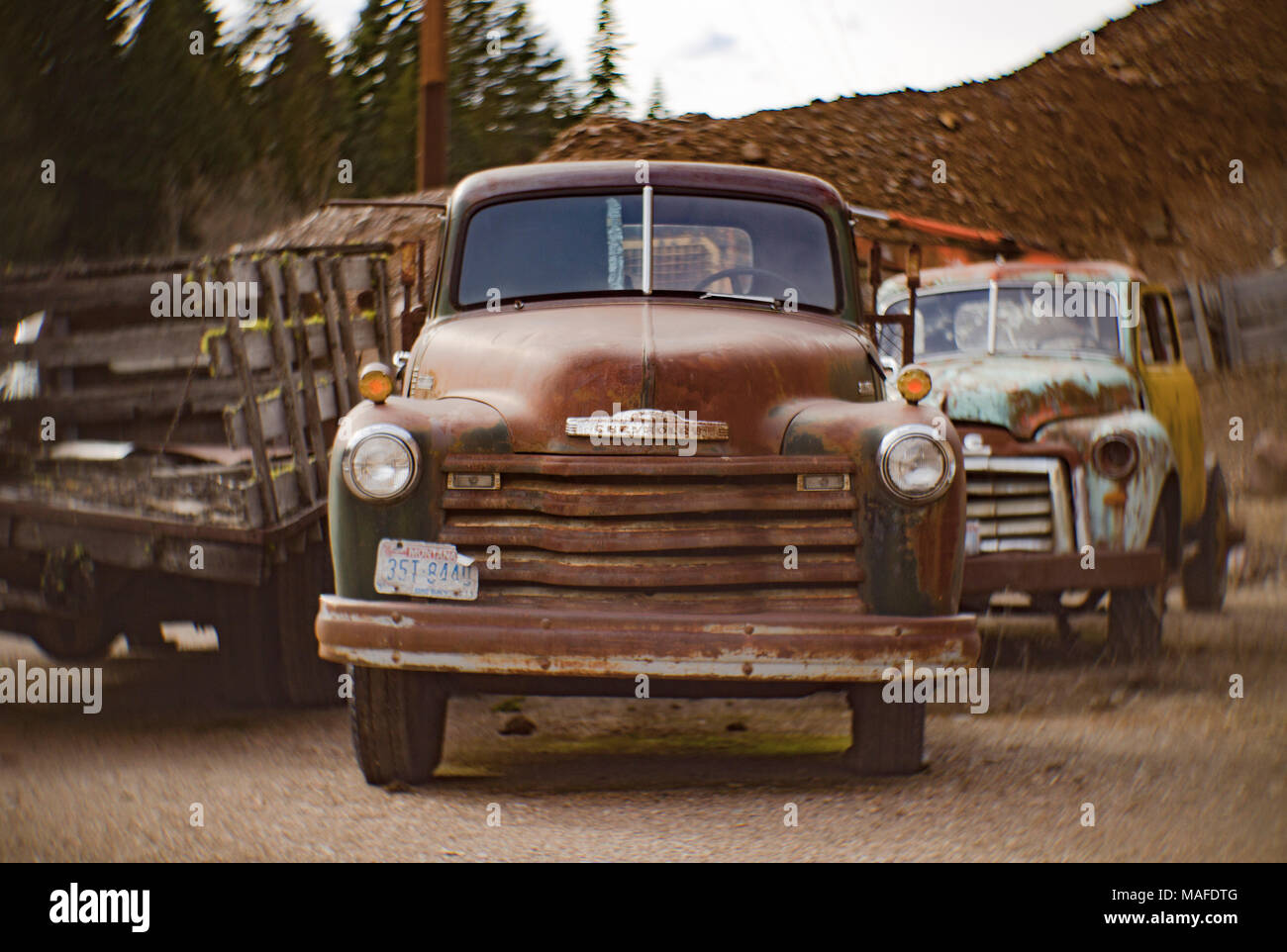 A 1950 Chevrolet work truck, in an old quarry, east of Clark Fork Idaho. Stock Photo