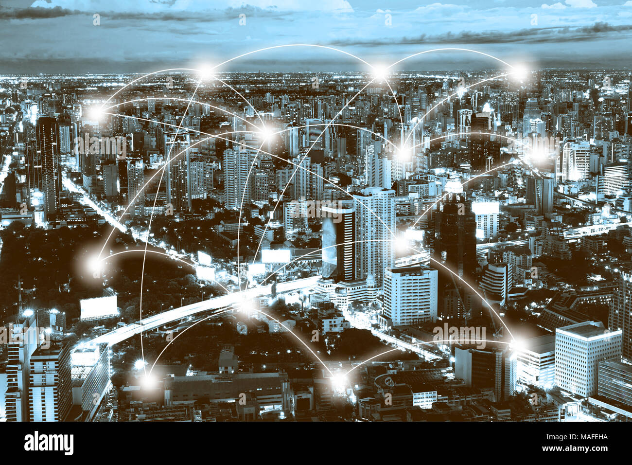Night city scape and network connection concept Stock Photo