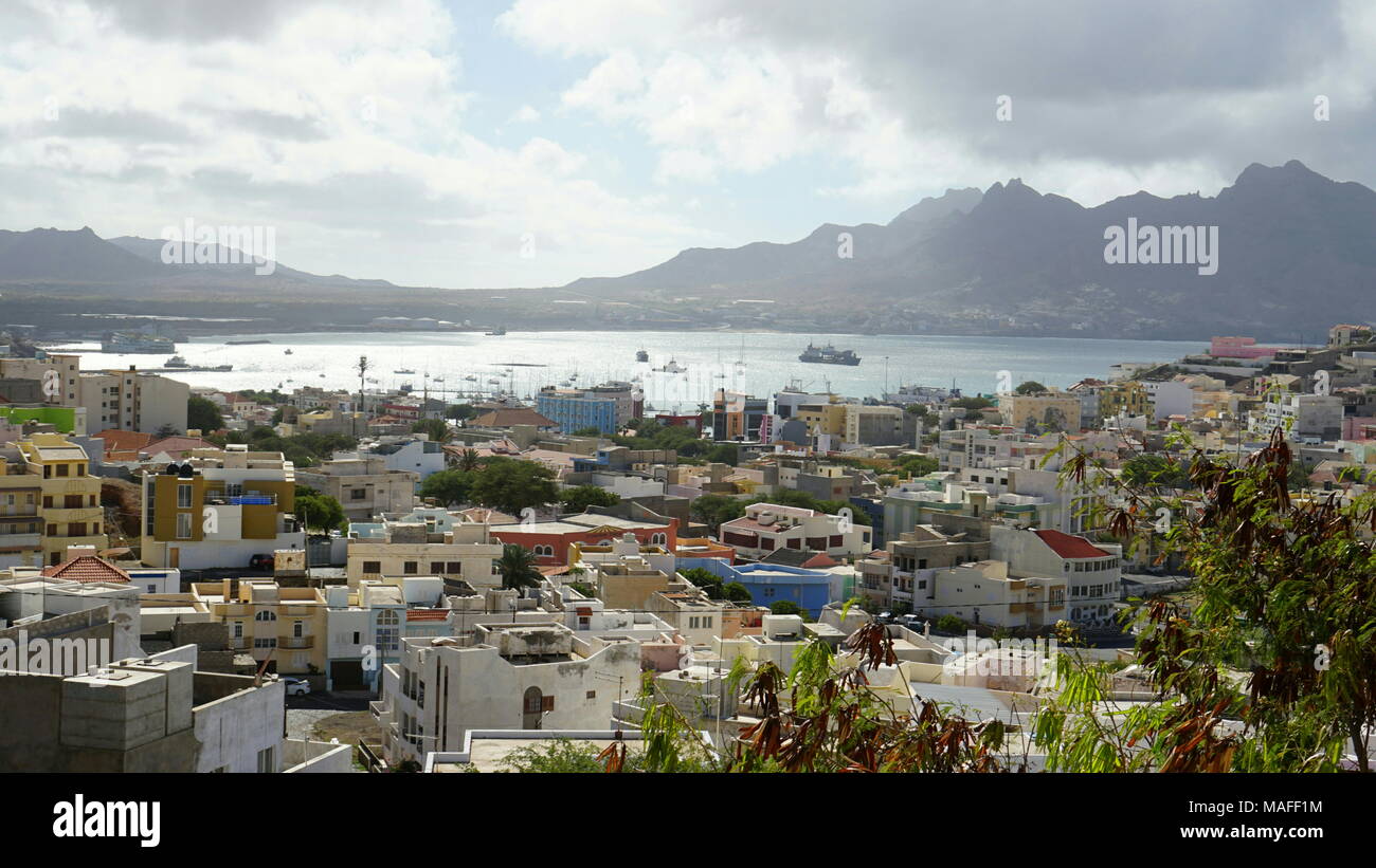 View over Mindelo, Porto Grande, Monte Cara,  São Vicente, Cape Verde, Africa, Stock Photo