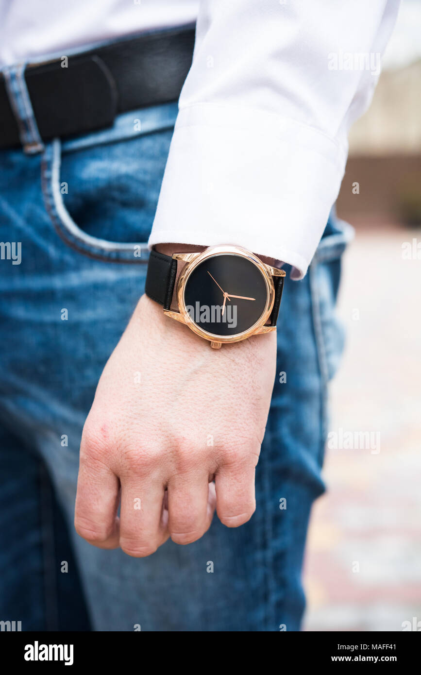 Elegant young business man's hand with fashion no brand wrist watch, men  fashion and accessories closeup shot Stock Photo - Alamy
