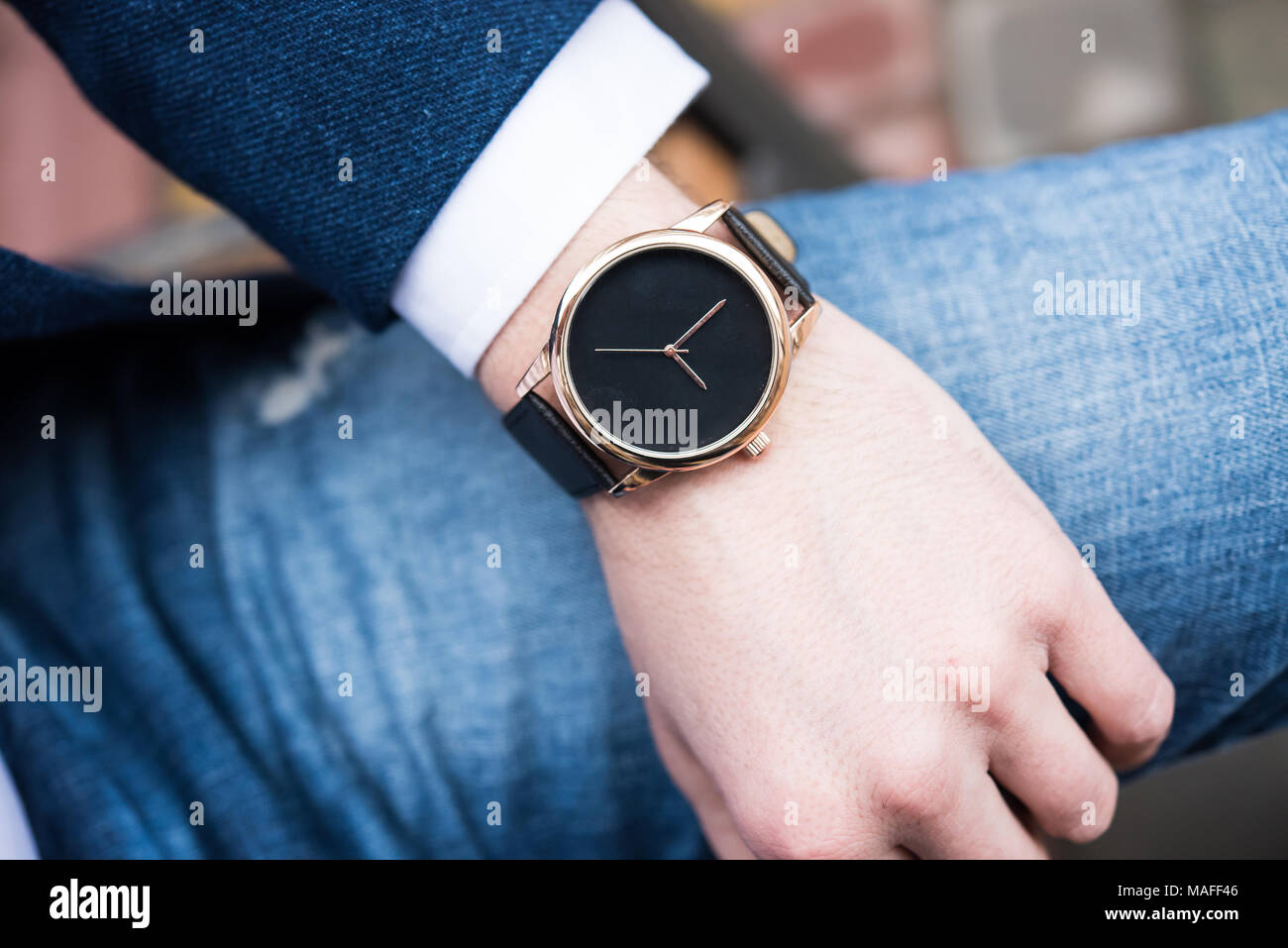 Elegant young business man s hand with fashion no brand wrist watch men fashion and accessories closeup shot Stock Photo Alamy
