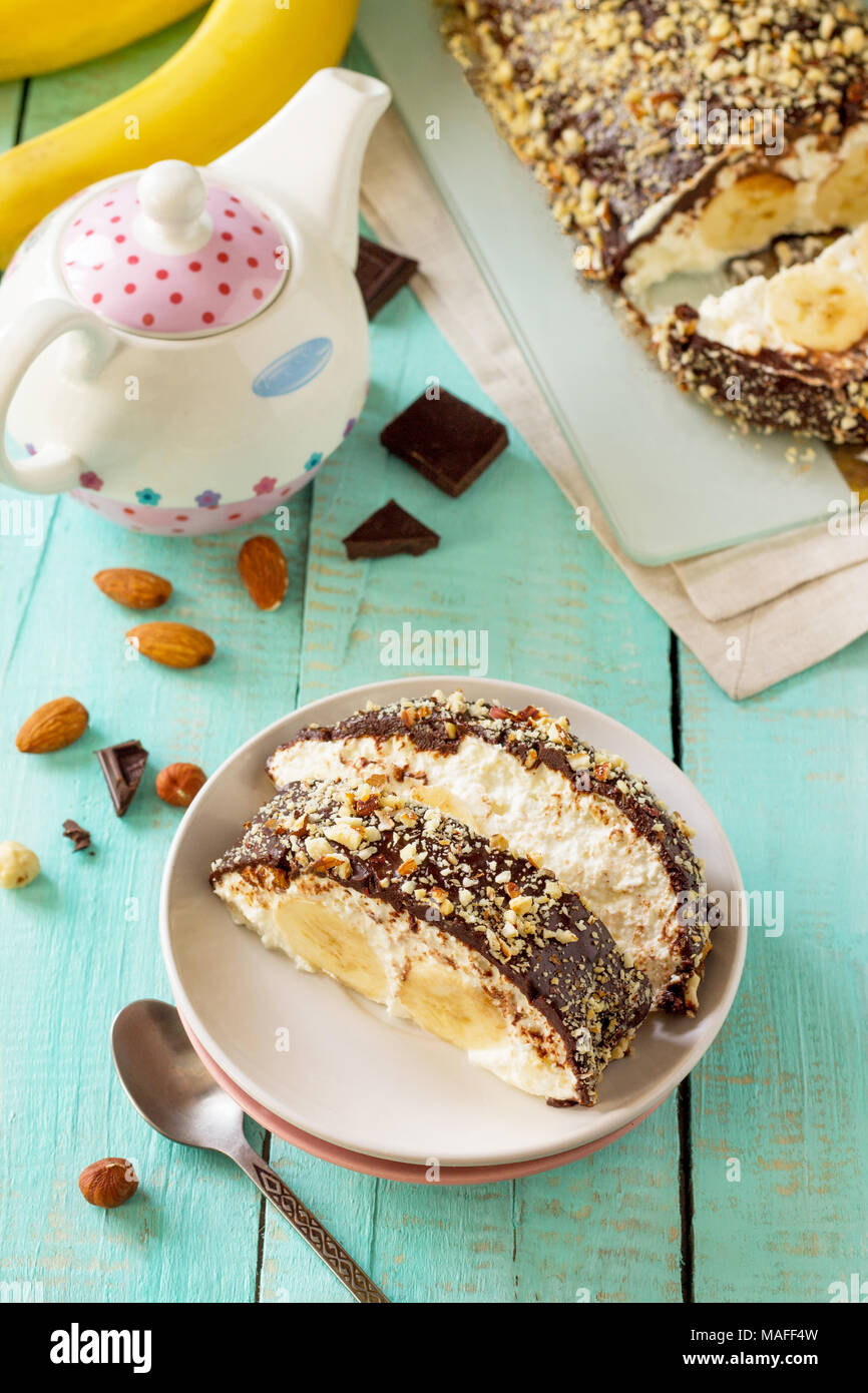Dessert Of Cottage Cheese Cream Banana And Chocolate Frosting