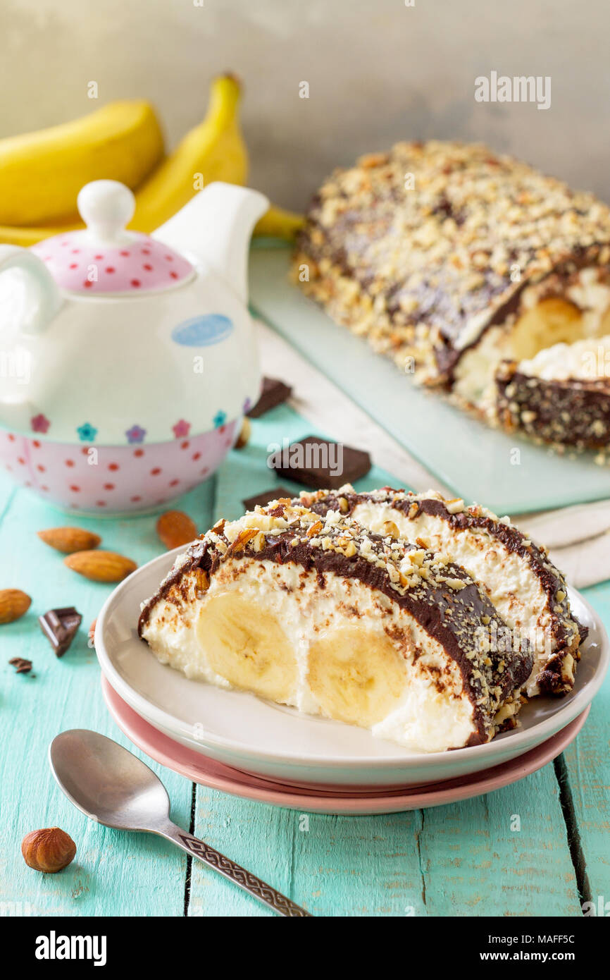 Dessert Of Cottage Cheese Cream Banana And Chocolate Frosting