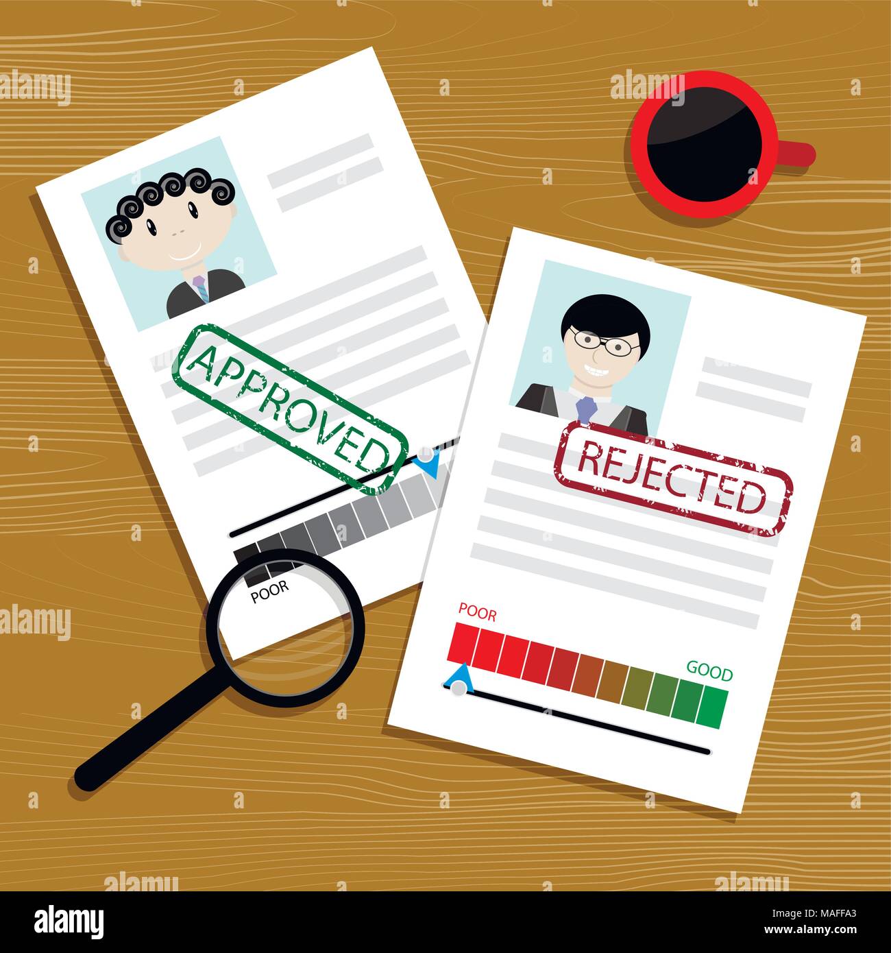 Endorsement of loan and rejection. Credit history with indicator approved. Vector illustration Stock Vector