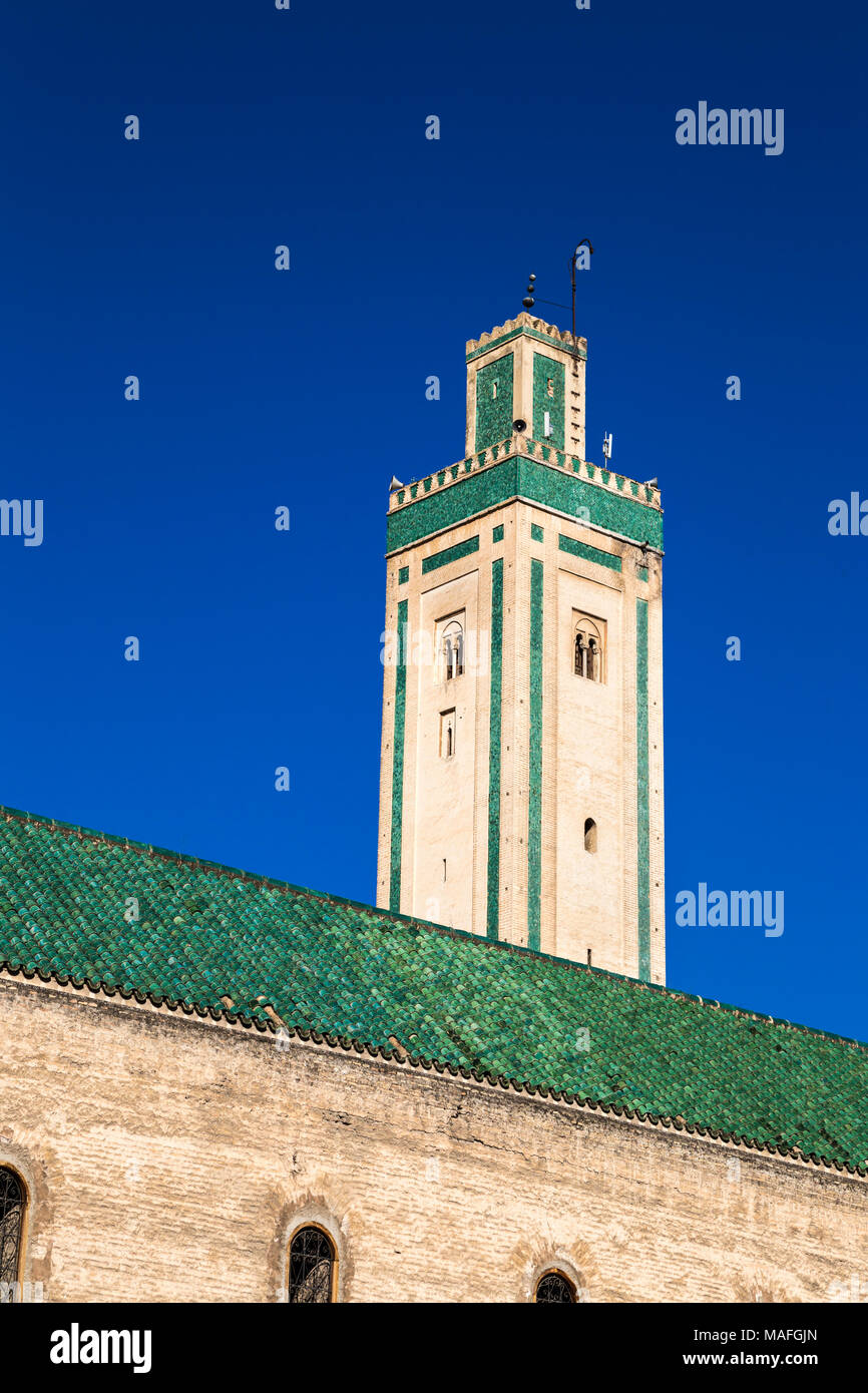 The minaret of the Kairaouine Mosque at the University of Al Quaraouiyine, Fes, Morocco Stock Photo