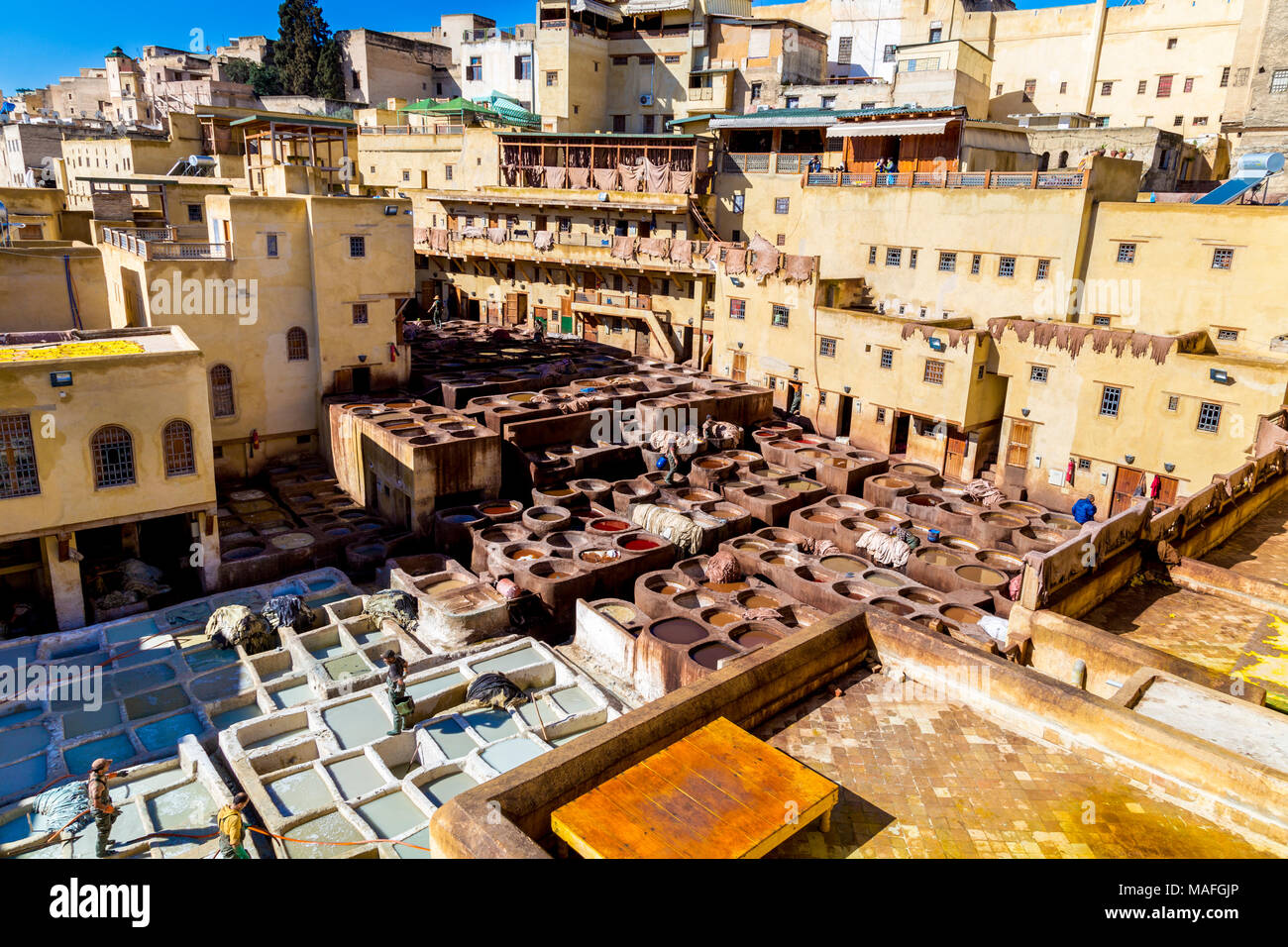 Craftsmen dyeing leather at Chaouwara tanneries in Fez, Morocco Stock Photo