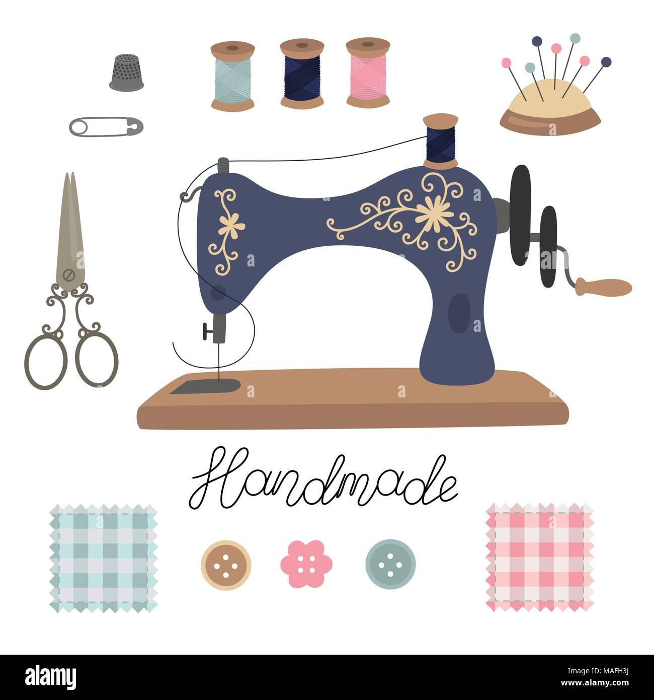 Sewing kit. Vintage vector tailor s tools scissors, sewing machine, pins, thimble, button, coil threads, needles, patchwork. Lettering handmade. Stock Vector