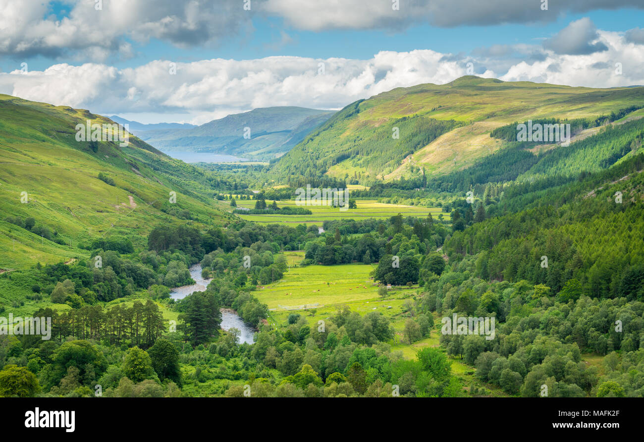Panoramic view in Corrieshalloch Gorge National Nature Reserve with Loch Broom in the background Stock Photo