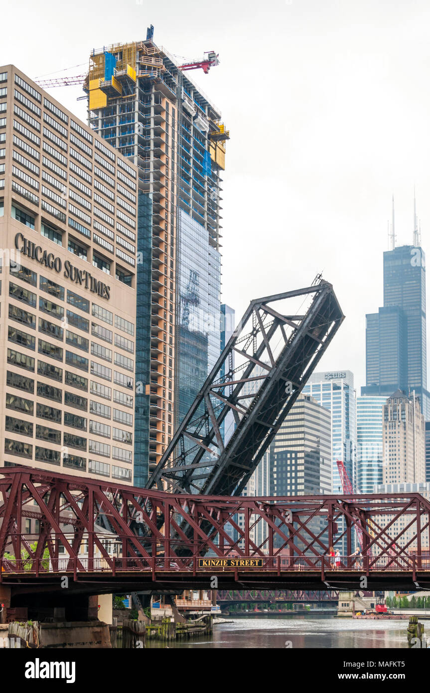 The Kinzie Street railroad bridge across the north branch of the Chicago River is now locked permanently open. Stock Photo