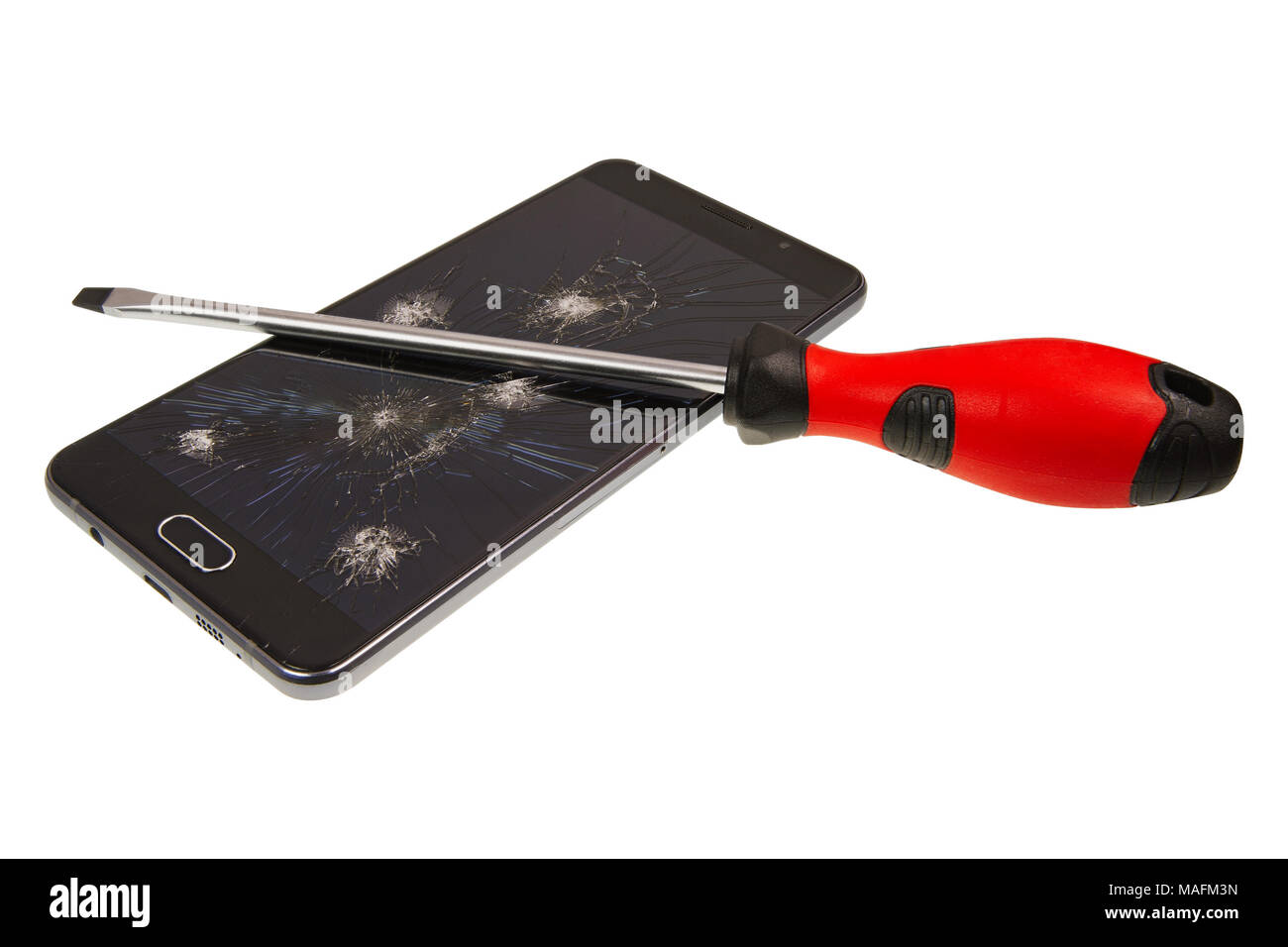 Smartphone with broken screen and screwdriver isolated on a white background Stock Photo