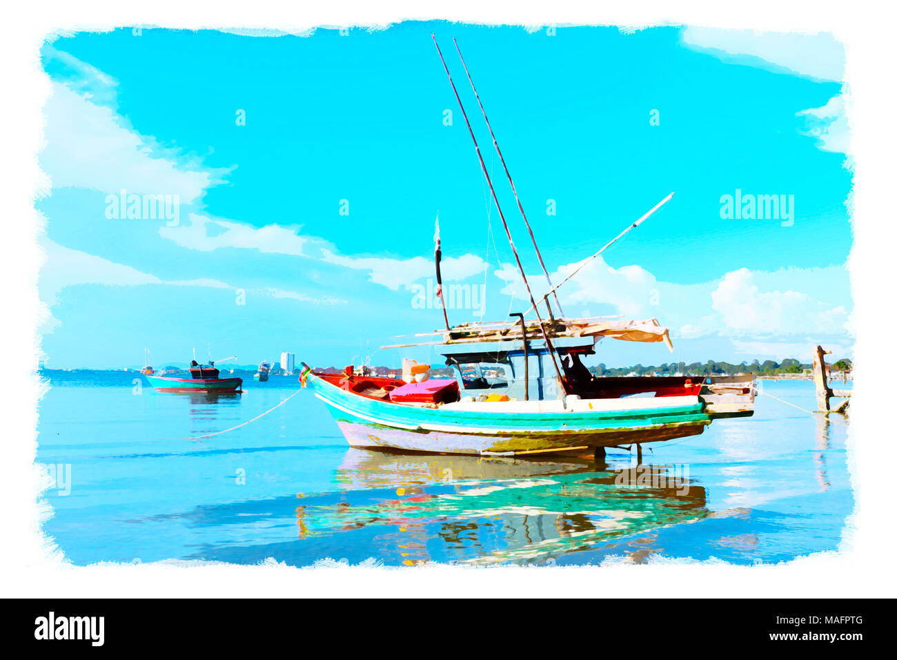 watercolor seascape on watercolor paper, vibrant color filter effect,grunge photo style. Stock Photo