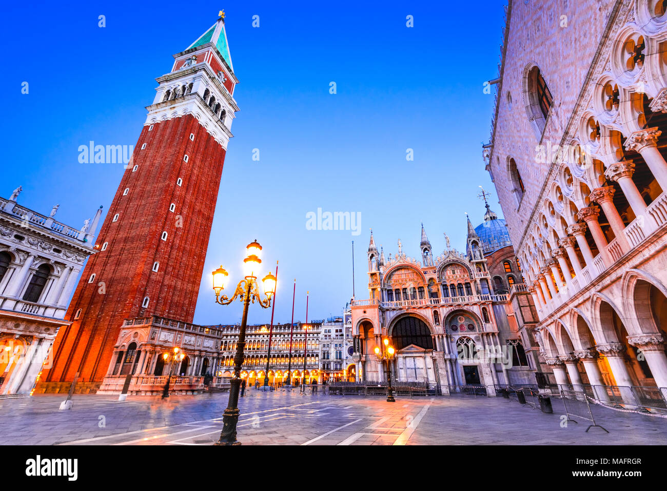 Venice, Italy. Twilight amazing light with Campanile, Doges Palace and Basilica San Marco. Stock Photo