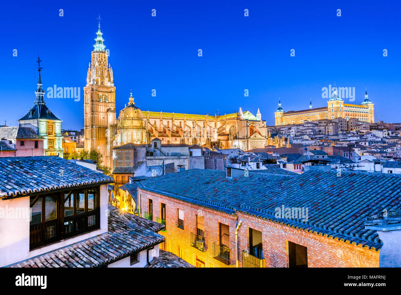 Toledo, Spain. Medieval city in Castilla la Mancha with Santa Iglesia Catedral and Alcazar, landmark of Spain. Stock Photo