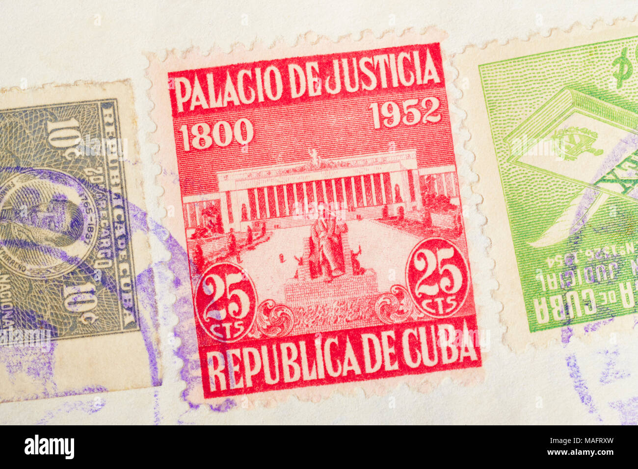 Antique cuban stamps with postmarks. Vintage historic philately. Postal