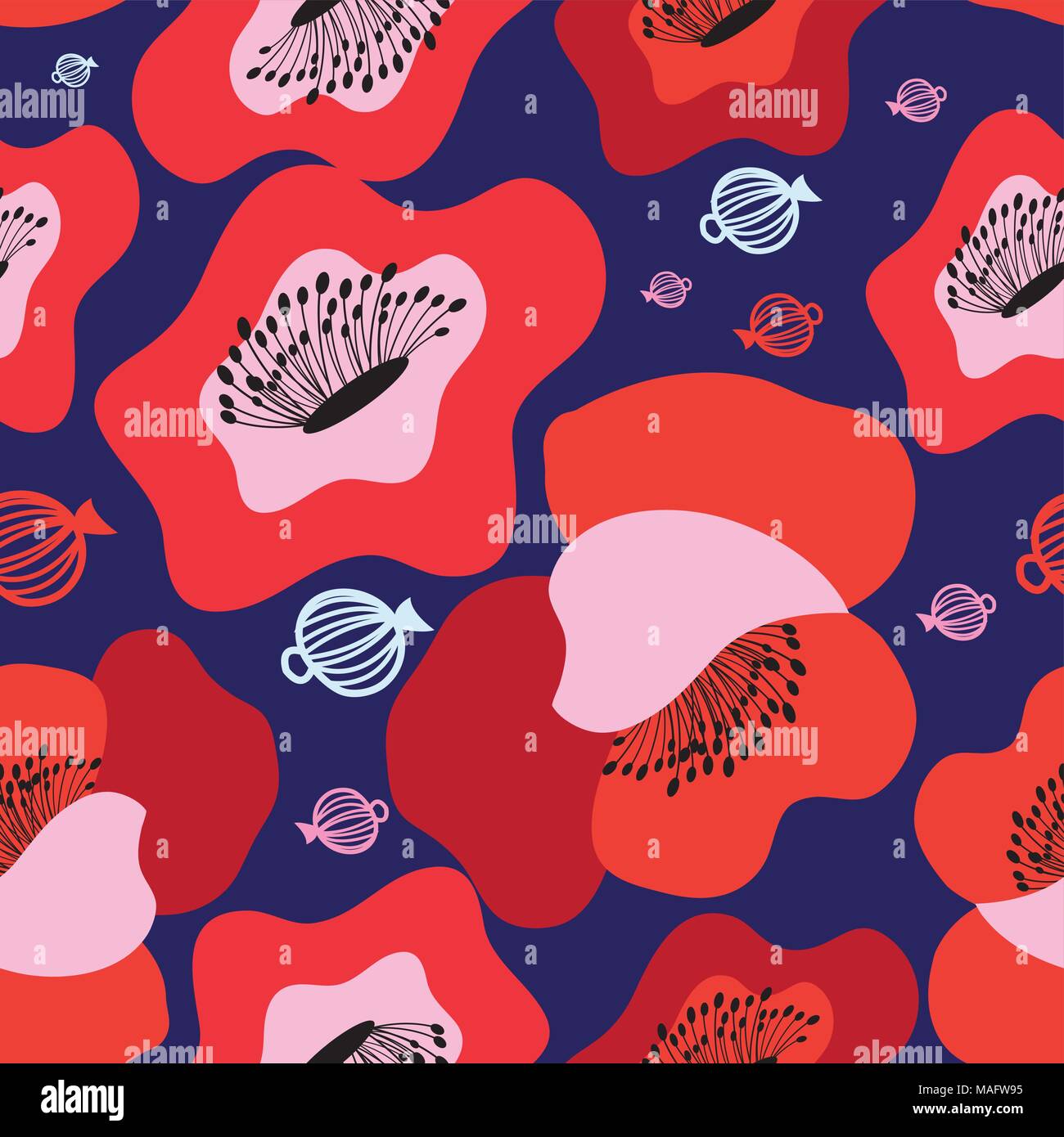 Vector seamless bright pattern of red poppies on blue Stock Vector