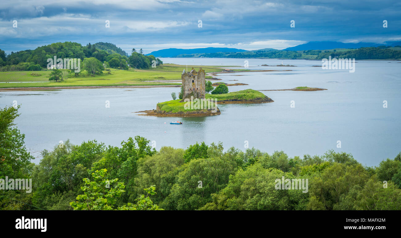 Panoramic sight of Castle Stalker, set on a tidal islet on Loch Laich, an inlet off Loch Linnhe. Stock Photo