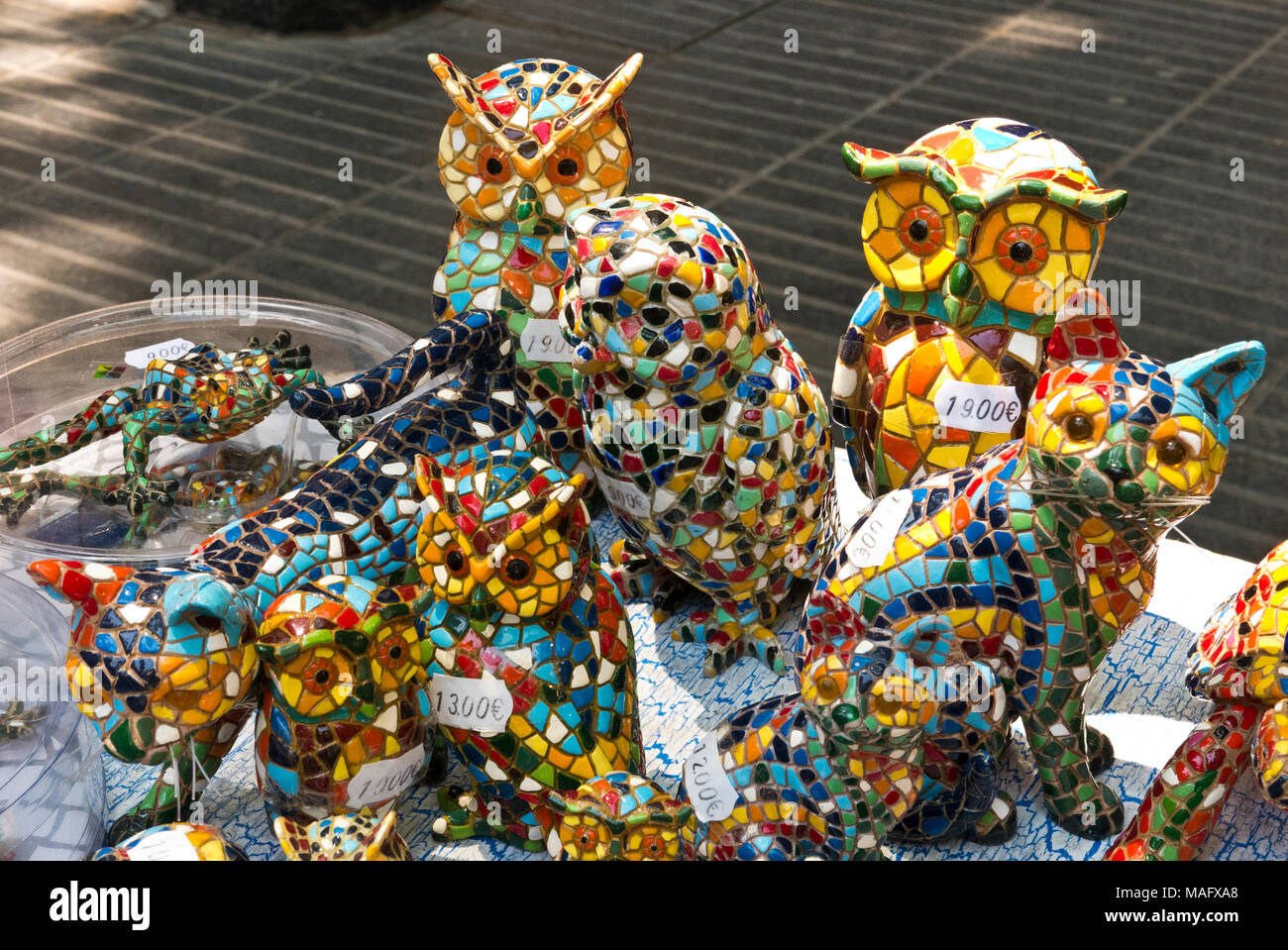A large selection of colourful ceramic animals on sale, Barcelona, Spain Stock Photo