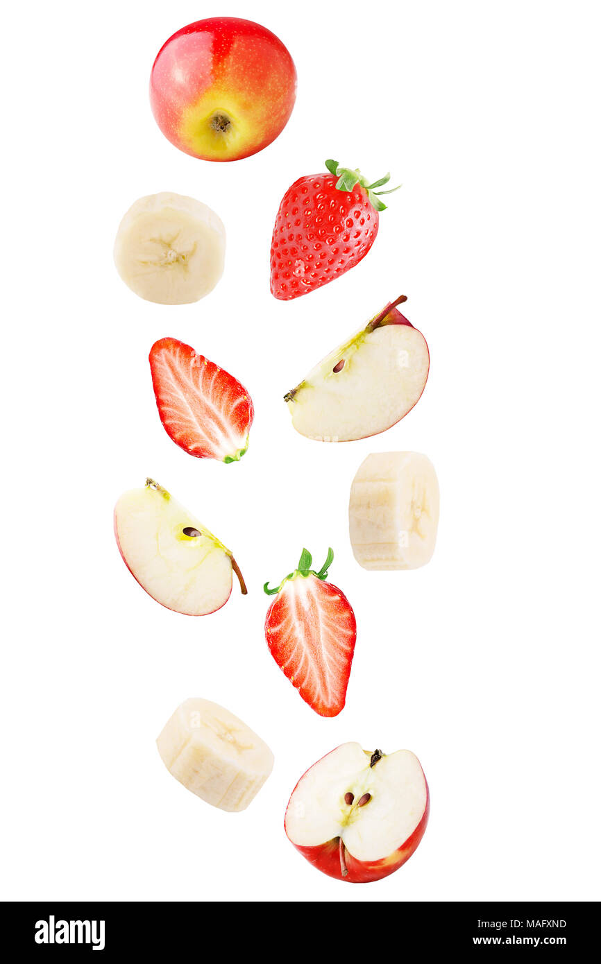 Isolated falling fruits. Falling apple, banana and strawberry fruit