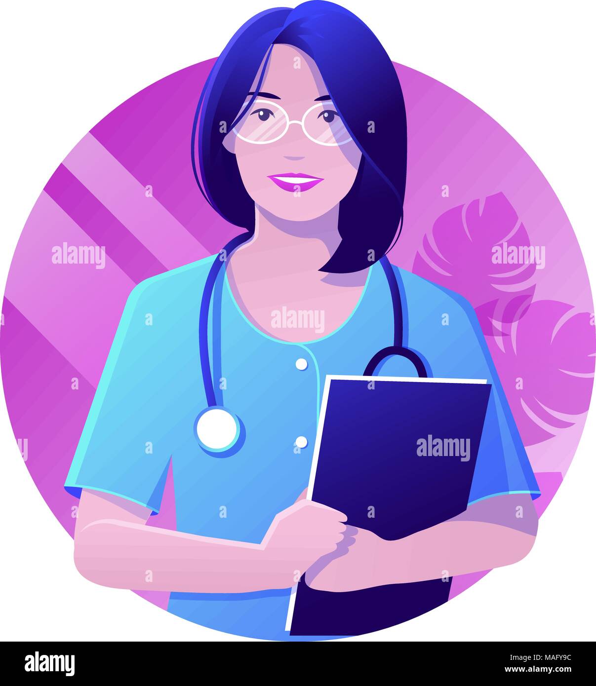 Vector illustration of female doctor holding files in hands. Modern flat realistic style of  Medical concept. Stock Vector