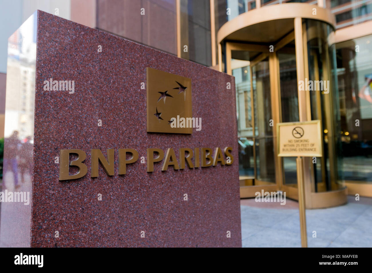 New York, March 15, 2018: Entrance to BNP Paribas office building in midtown Manhattan. Stock Photo