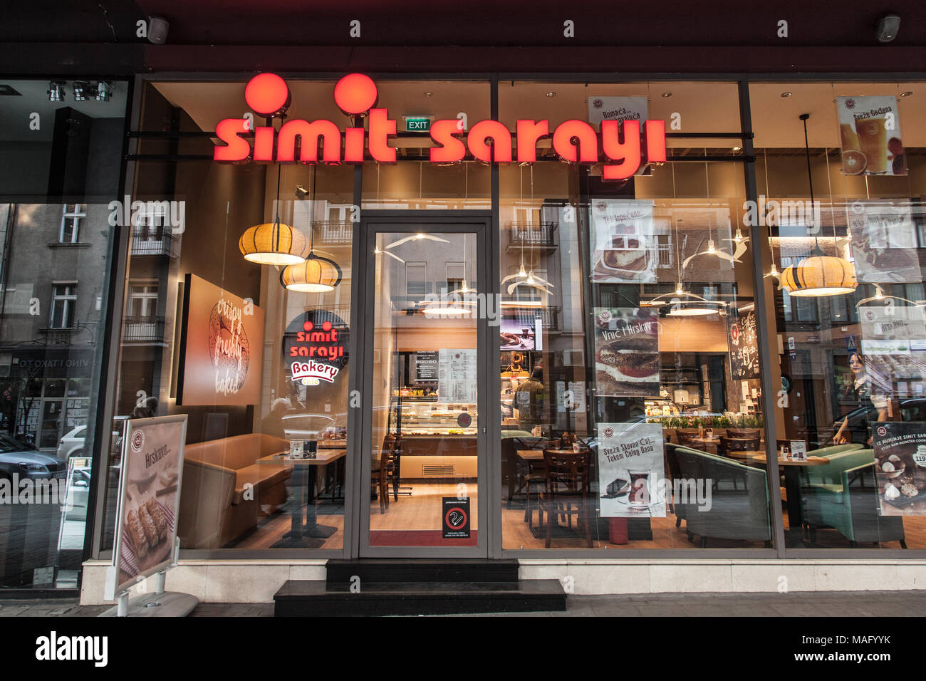 BELGRADE, SERBIA - MARCH 25, 2018: Entrance of the Simit Sarayi of Belgrade. Recently opened in Serbia, Simit Sarayi is the biggest fast food and bake Stock Photo