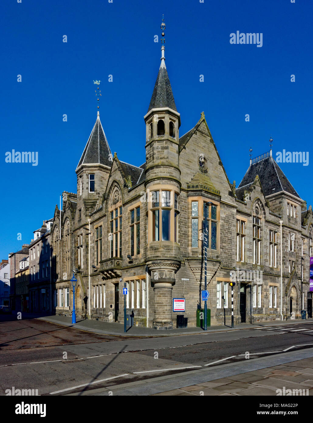 Distinctive and historic building on the corner of Tay Street and the high street Perth, Scotland Stock Photo