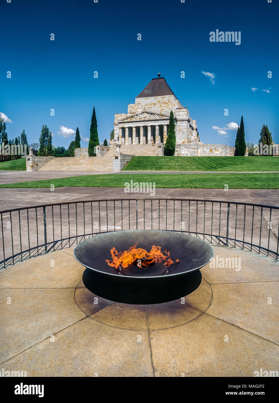 The Eternal Flame at the Shrine of Remembrance, Saint Kilda Road, Melbourne, Victoria, Australia Stock Photo