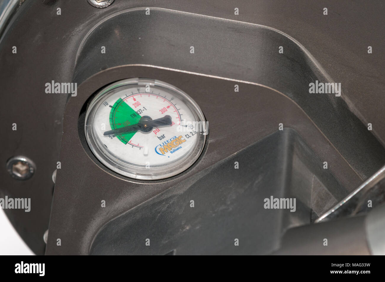 pressure gauge from a hot air balloon burner from below Stock Photo