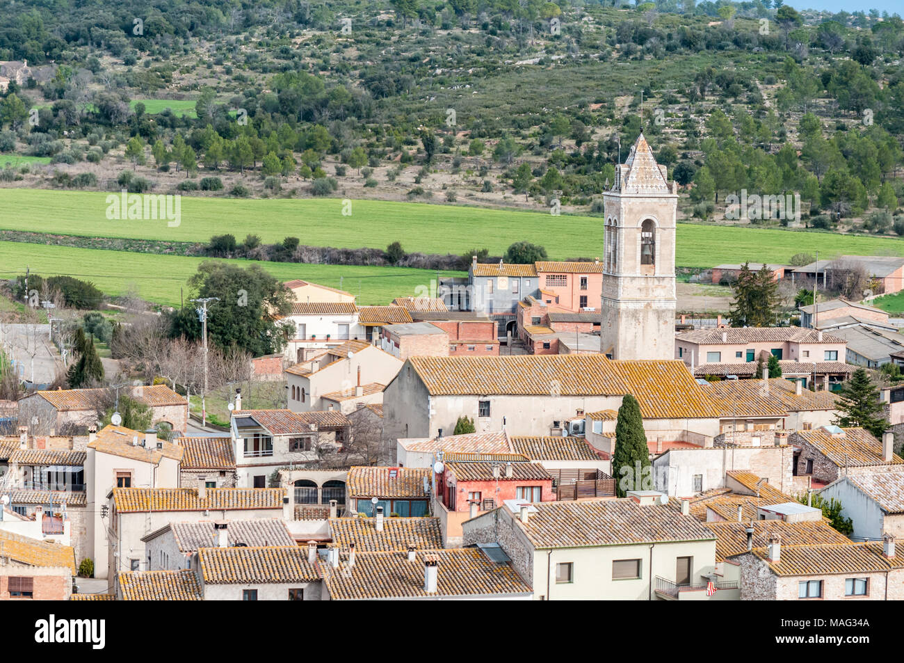 aerial view of the village of Vilanant with bell tower, Alt Empordà, Catalonia, Spain Stock Photo