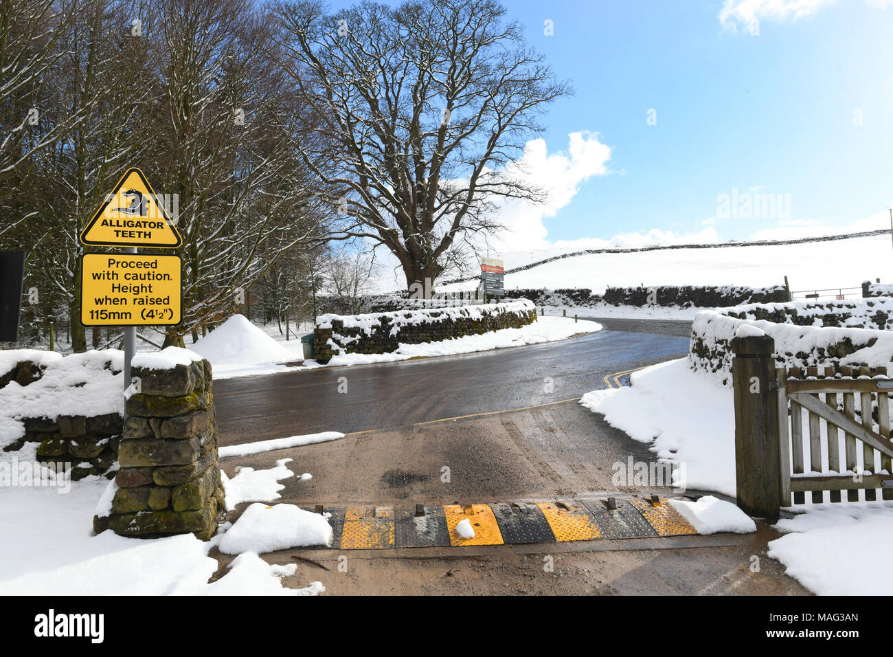 warning sign at the strid of alligator teeth to prevent unauthorised entry and exit of car park