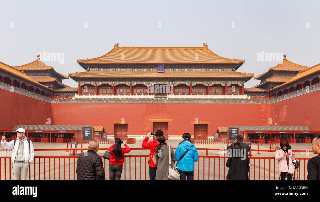 At the closed gates to the Forbidden City in Beijing, China in March 2018. Stock Photo