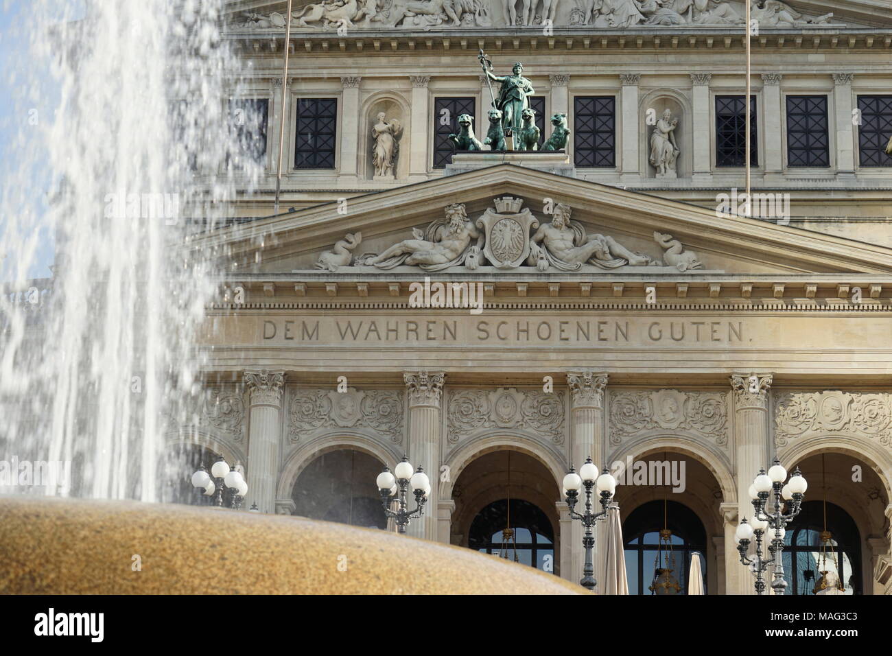 Alte Oper, Old Opera House, Opernplatz, fountain in front of the old Opera House, Frankfurt, Germany, Stock Photo