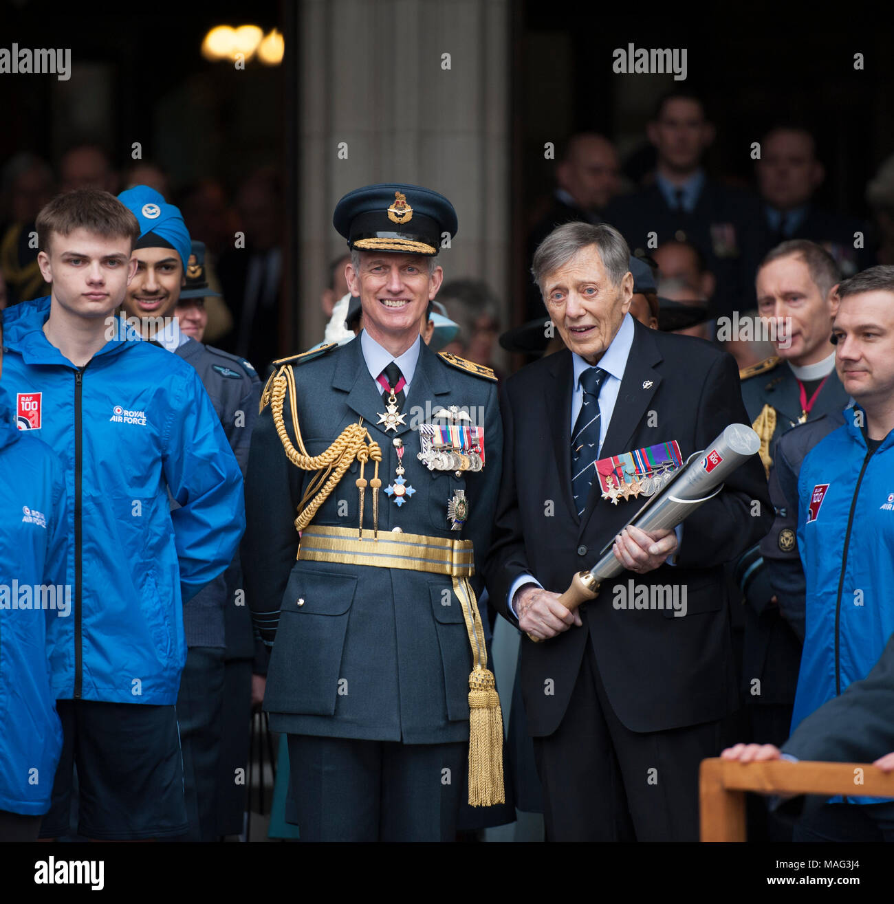 Chief of the Air Staff with distinguished Royal Air Force veteran, Air Commodore (retd) Charles Clarke at start of the RAF100 relay in London. Stock Photo