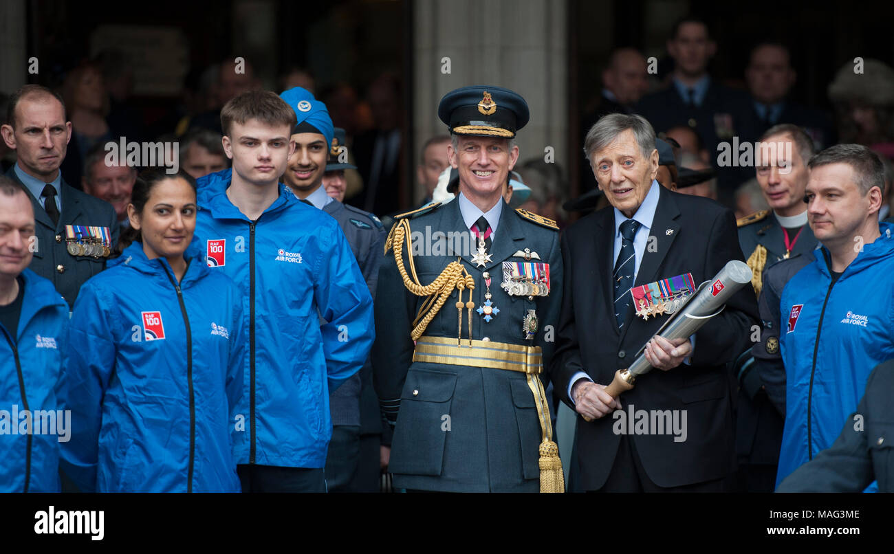 Chief of the Air Staff with distinguished Royal Air Force veteran, Air Commodore (retd) Charles Clarke at start of the RAF100 relay in London. Stock Photo